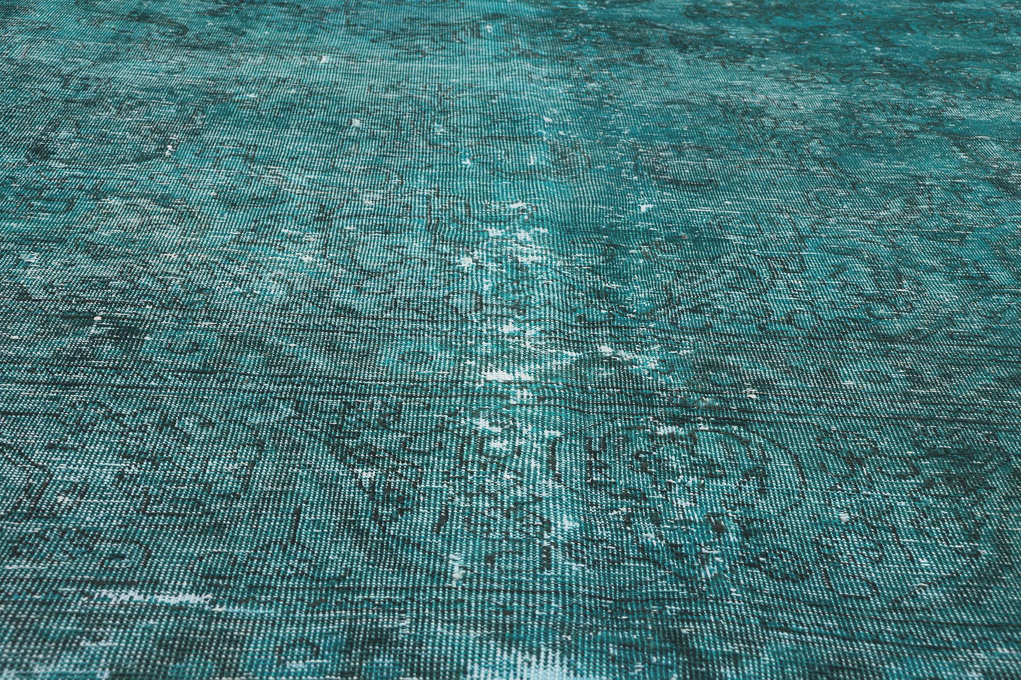 Oversized Vintage Persian Teal Overdyed Rug In Distressed Condition For Sale In Dallas, TX