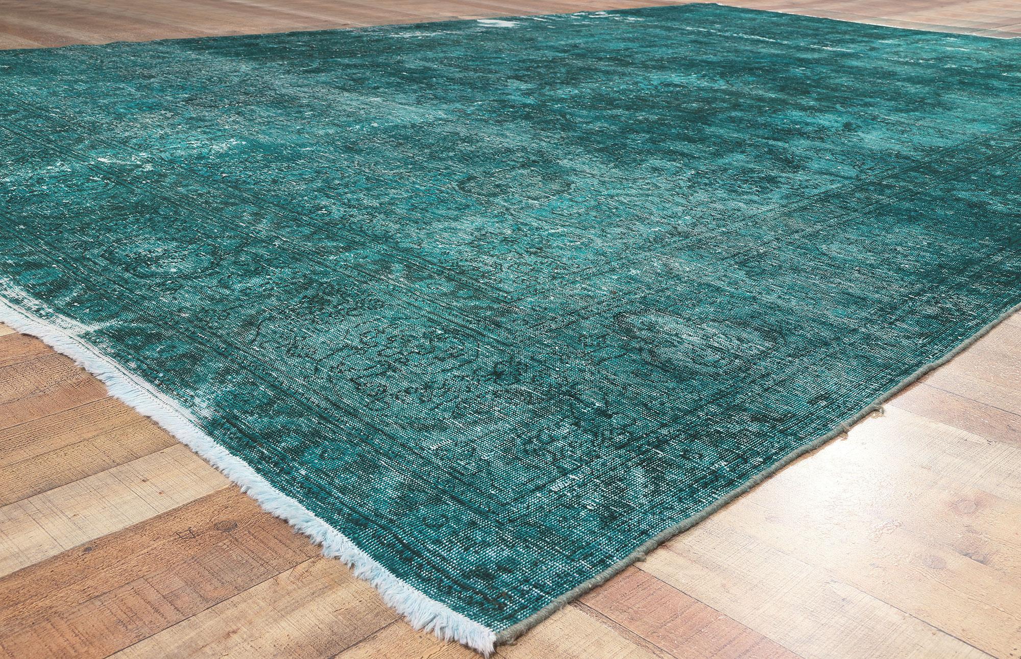 Wool Oversized Vintage Persian Teal Overdyed Rug For Sale