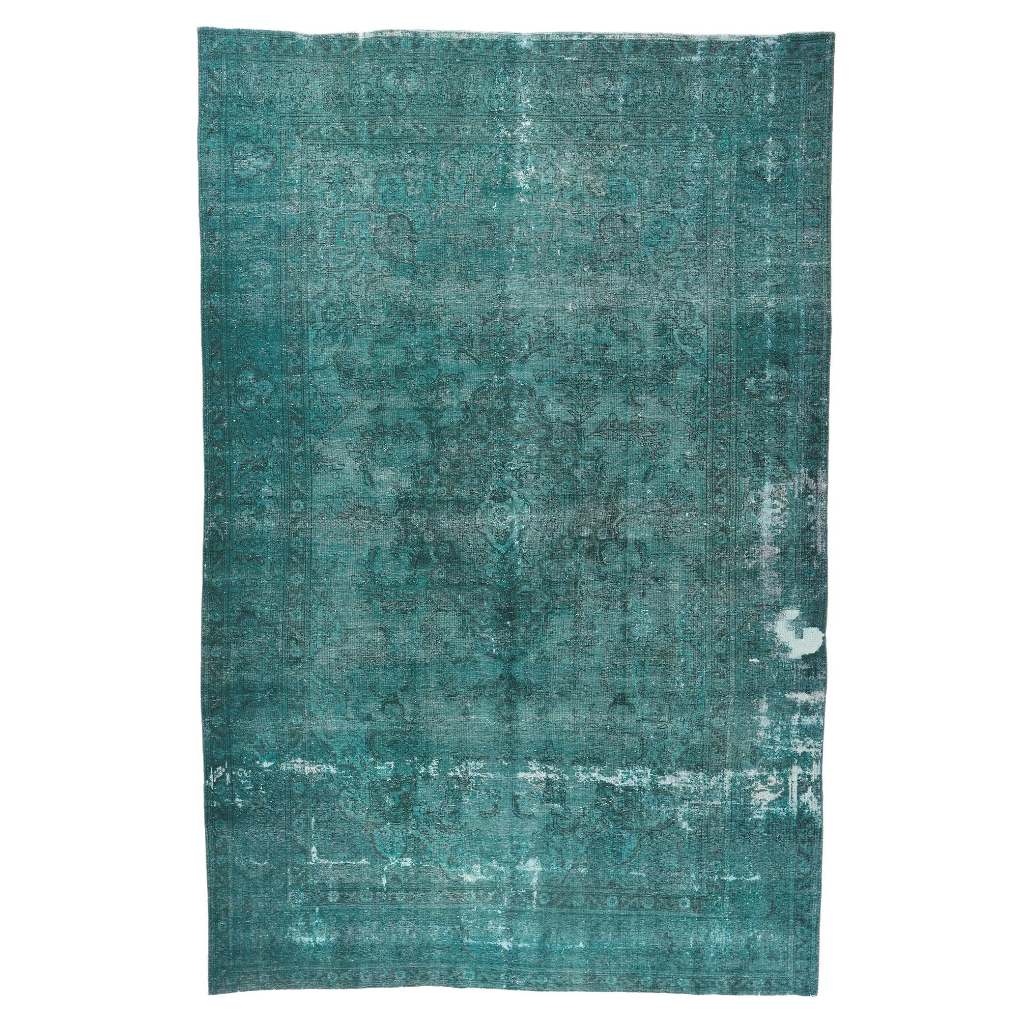 Oversized Vintage Persian Teal Overdyed Rug For Sale