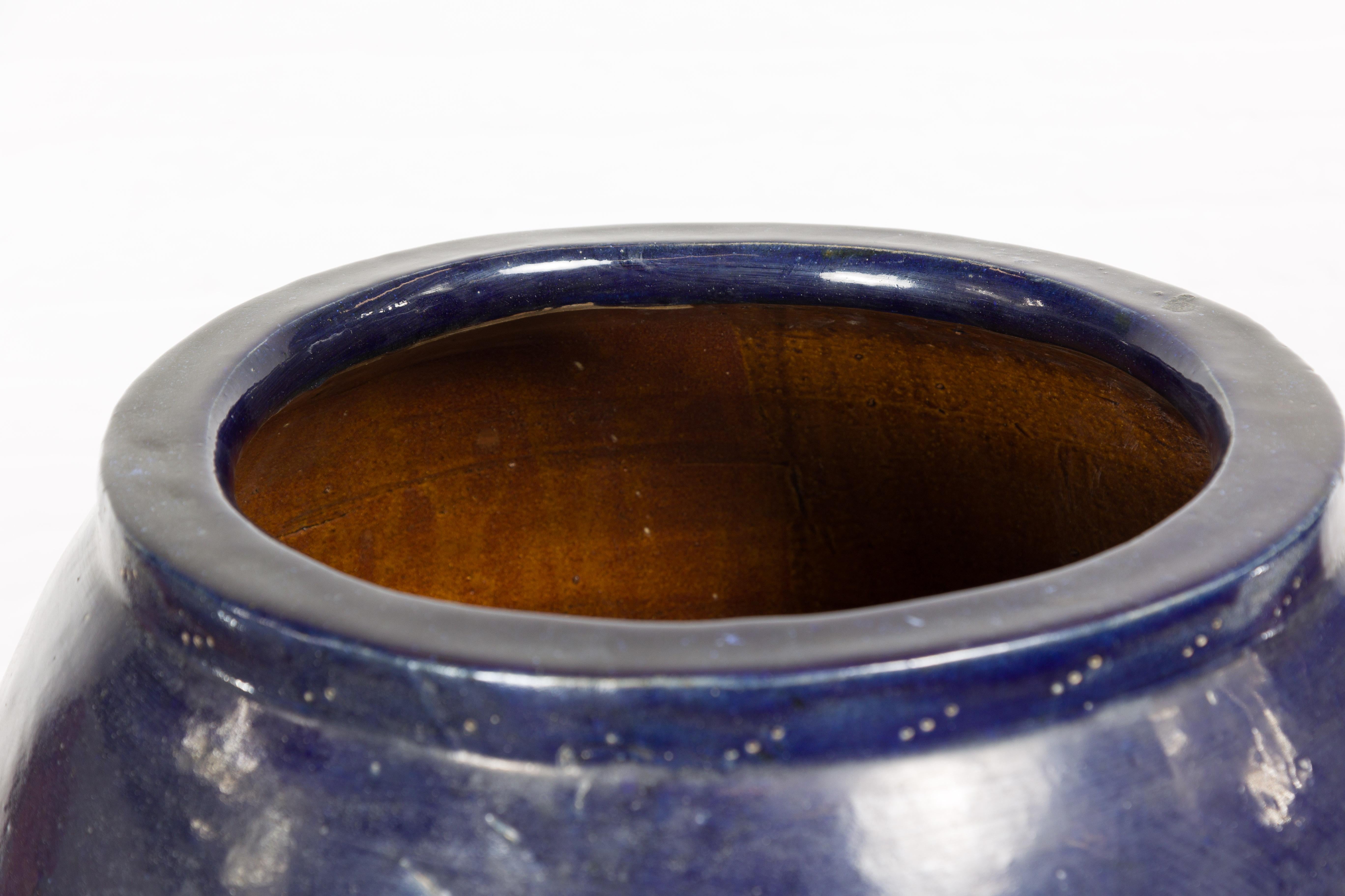 Oversized Vintage Thai Midnight Blue Glazed Water Vessel with Tapering Lines For Sale 5