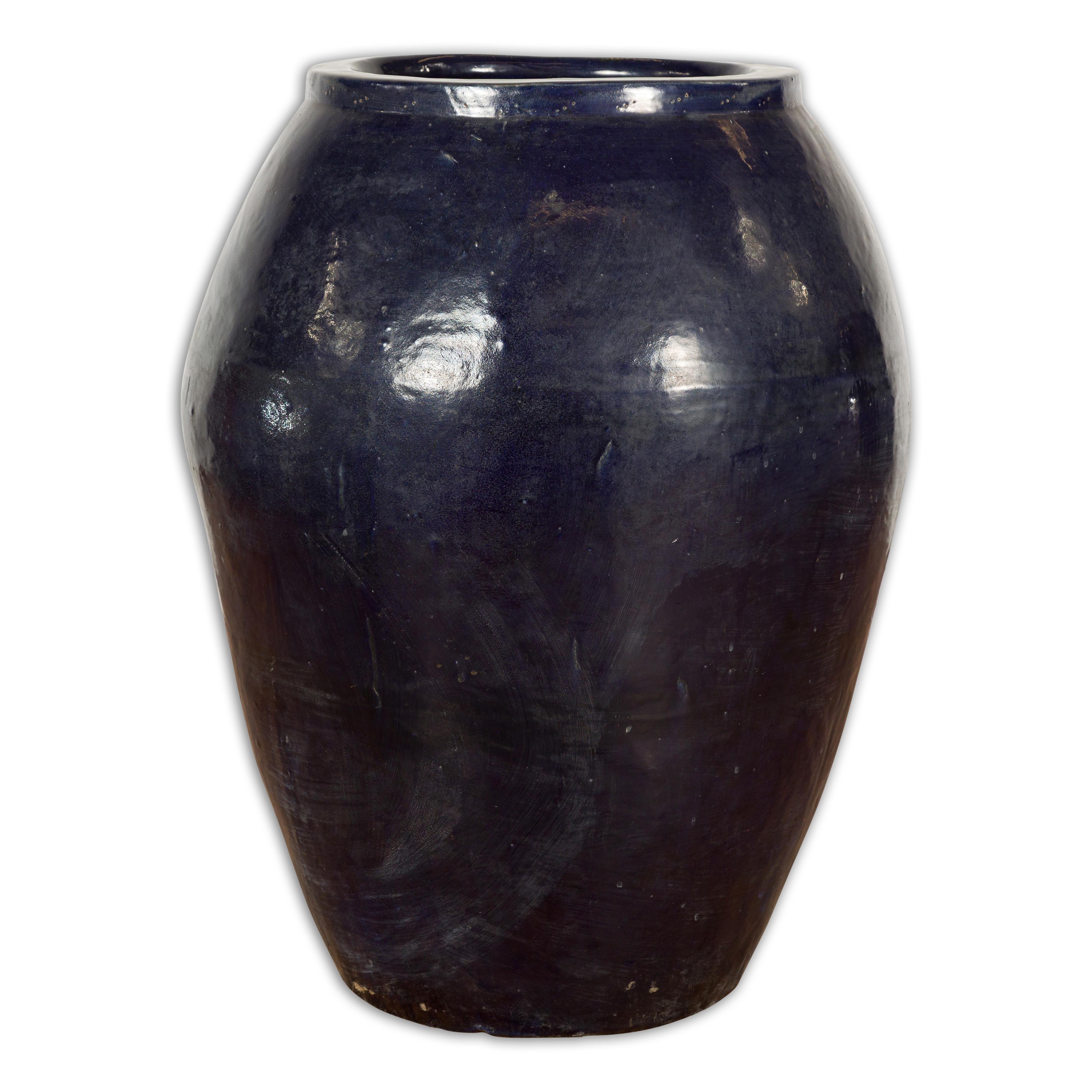 Oversized Vintage Thai Midnight Blue Glazed Water Vessel with Tapering Lines For Sale 8