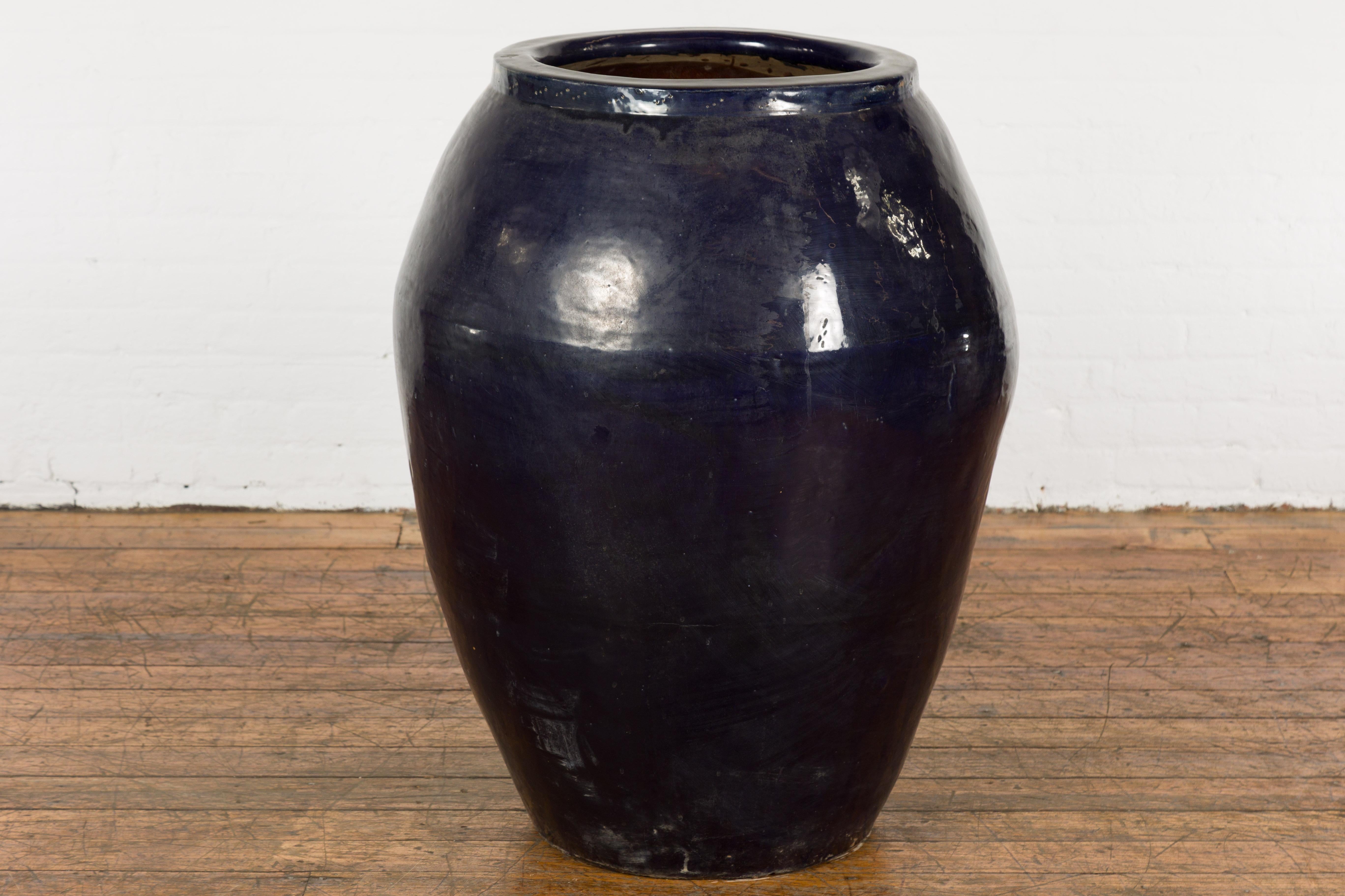 20th Century Oversized Vintage Thai Midnight Blue Glazed Water Vessel with Tapering Lines For Sale