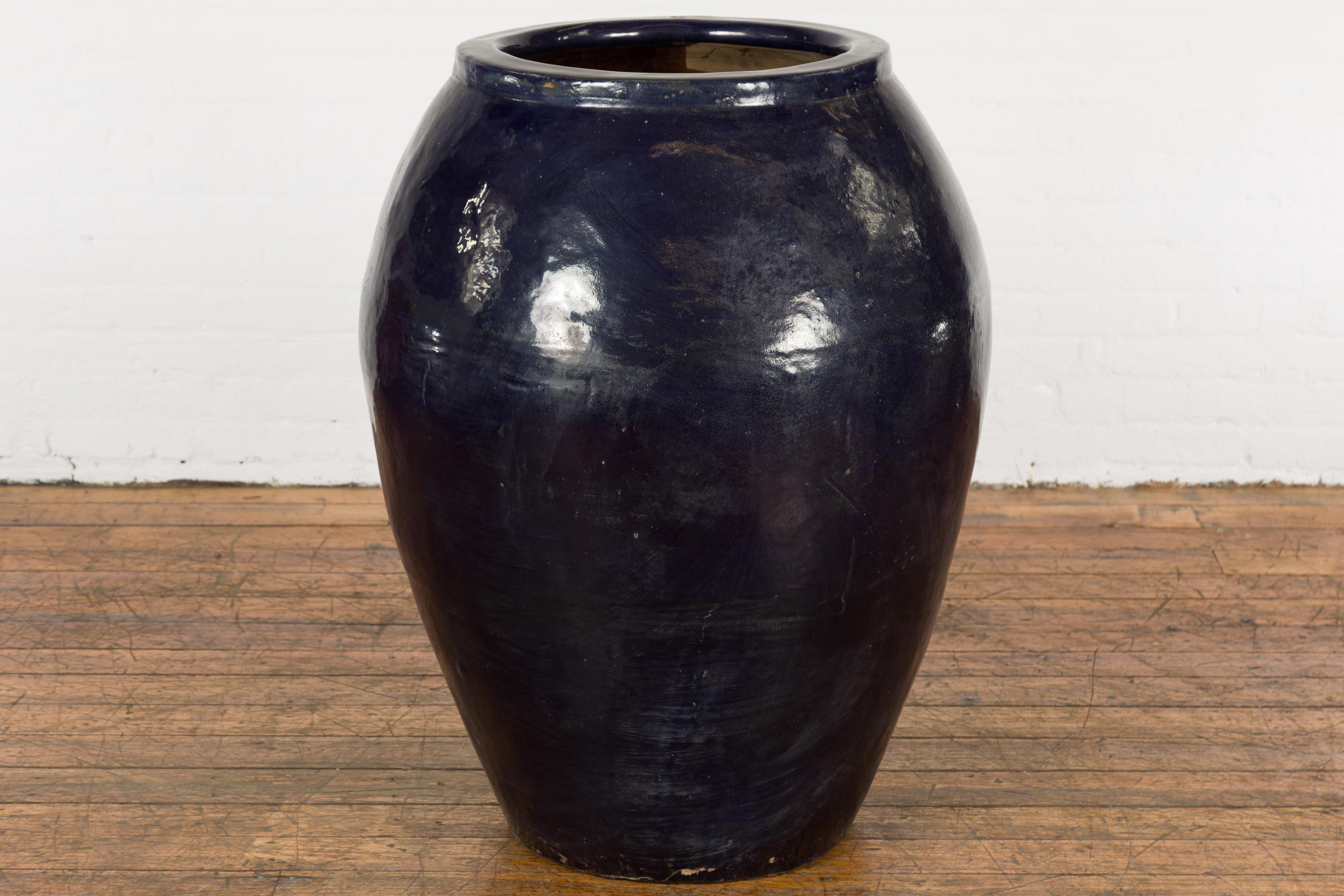 Ceramic Oversized Vintage Thai Midnight Blue Glazed Water Vessel with Tapering Lines For Sale