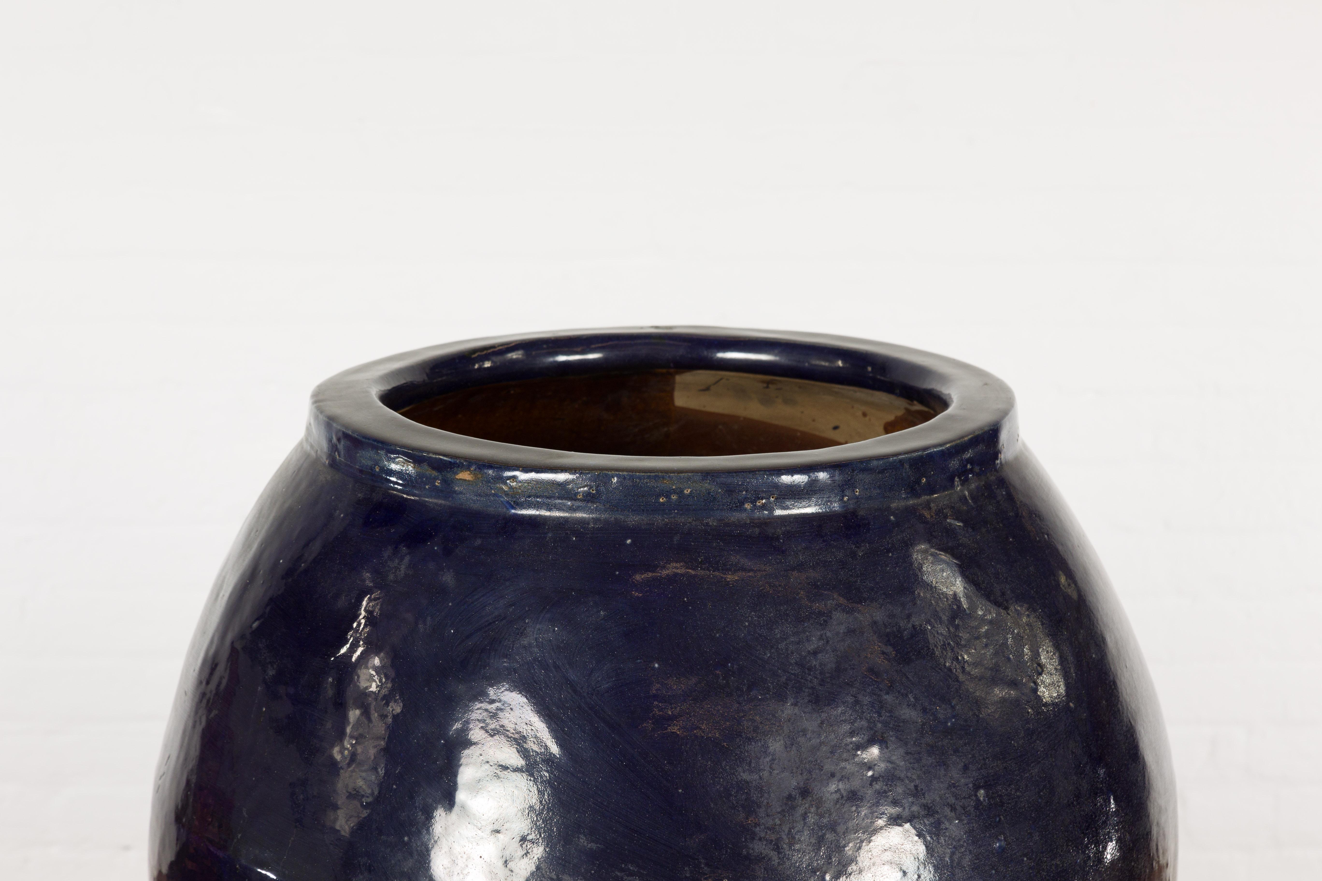 Oversized Vintage Thai Midnight Blue Glazed Water Vessel with Tapering Lines For Sale 2