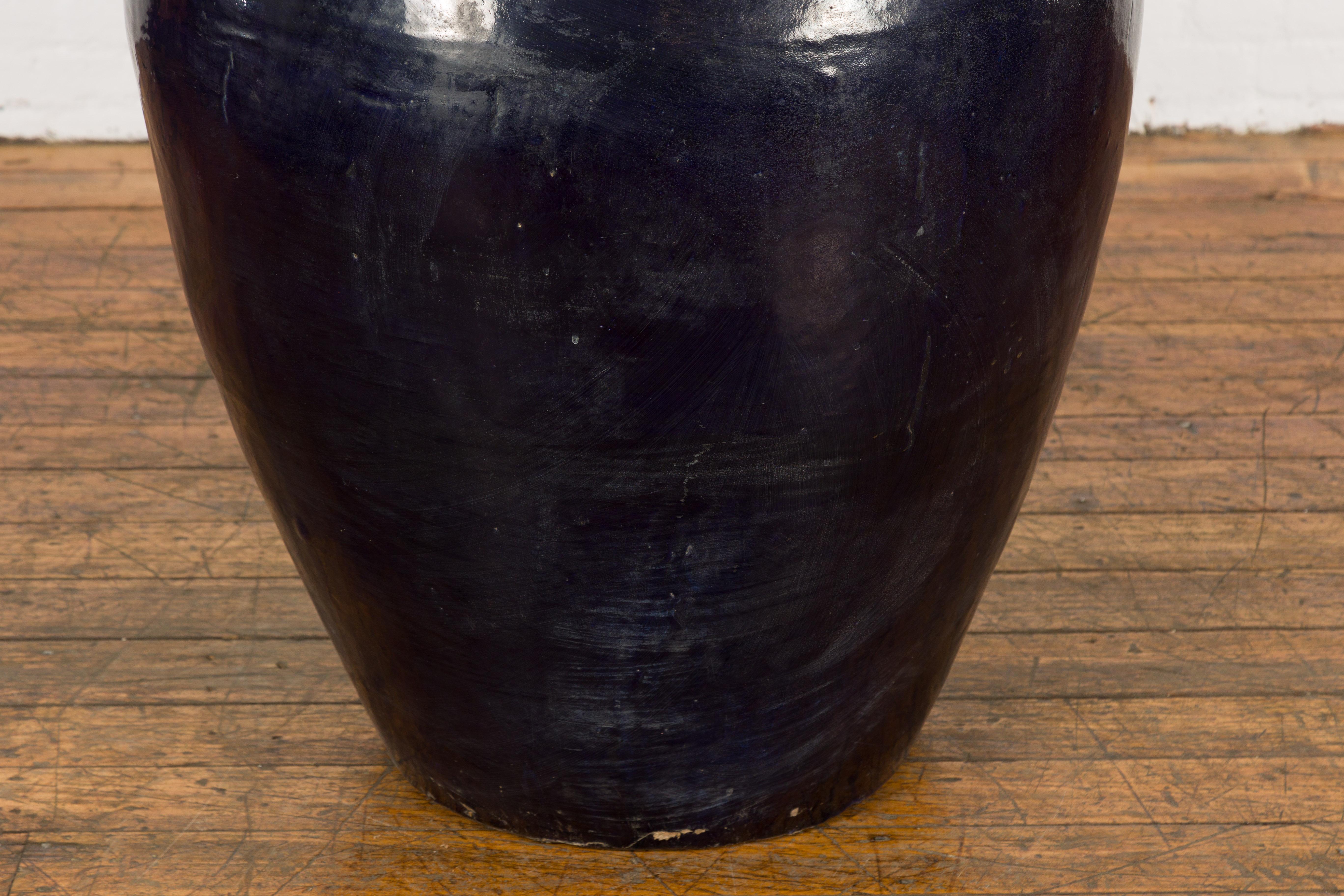 Oversized Vintage Thai Midnight Blue Glazed Water Vessel with Tapering Lines For Sale 4