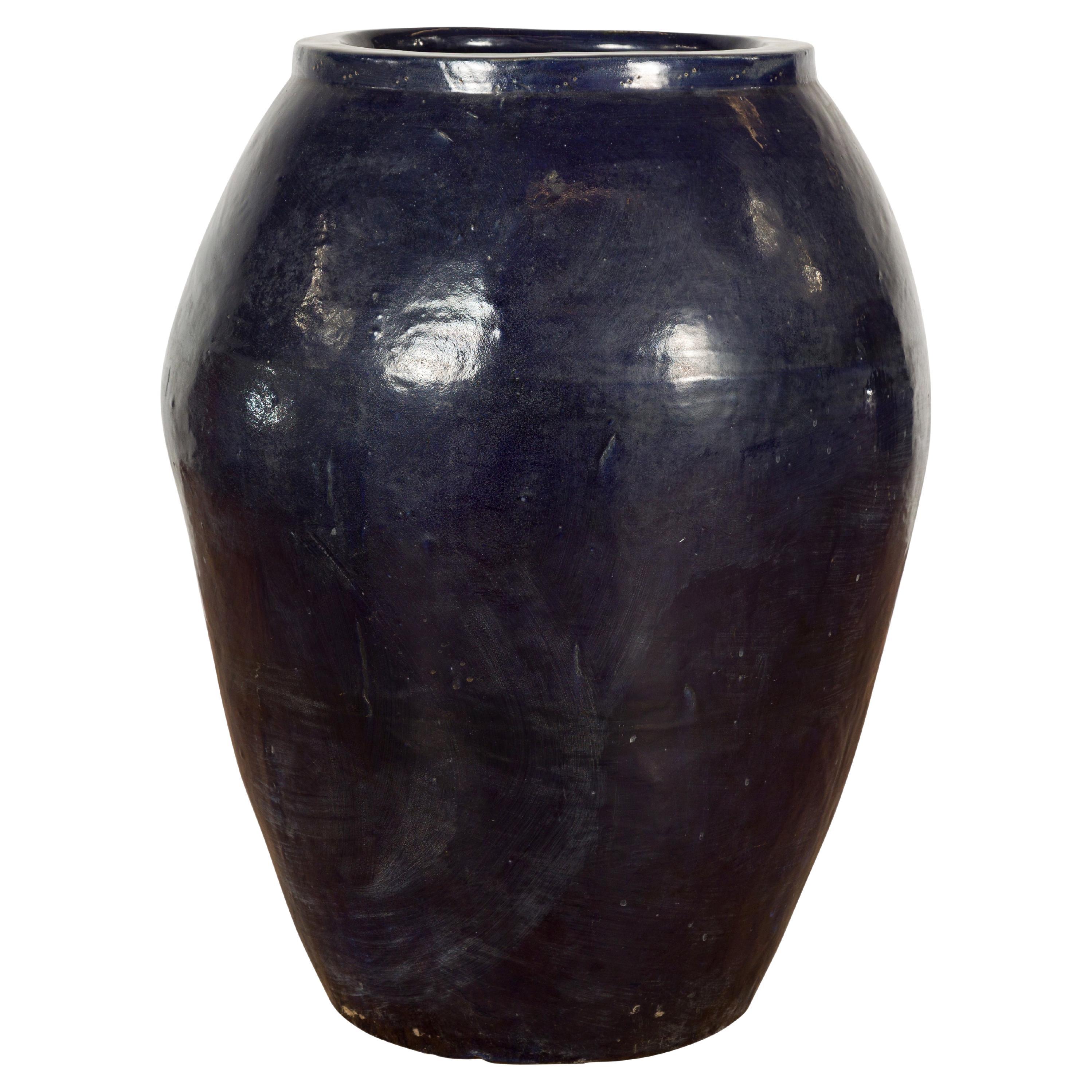 Oversized Vintage Thai Midnight Blue Glazed Water Vessel with Tapering Lines For Sale