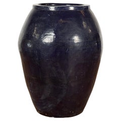 Oversized Vintage Thai Midnight Blue Glazed Water Vessel with Tapering Lines