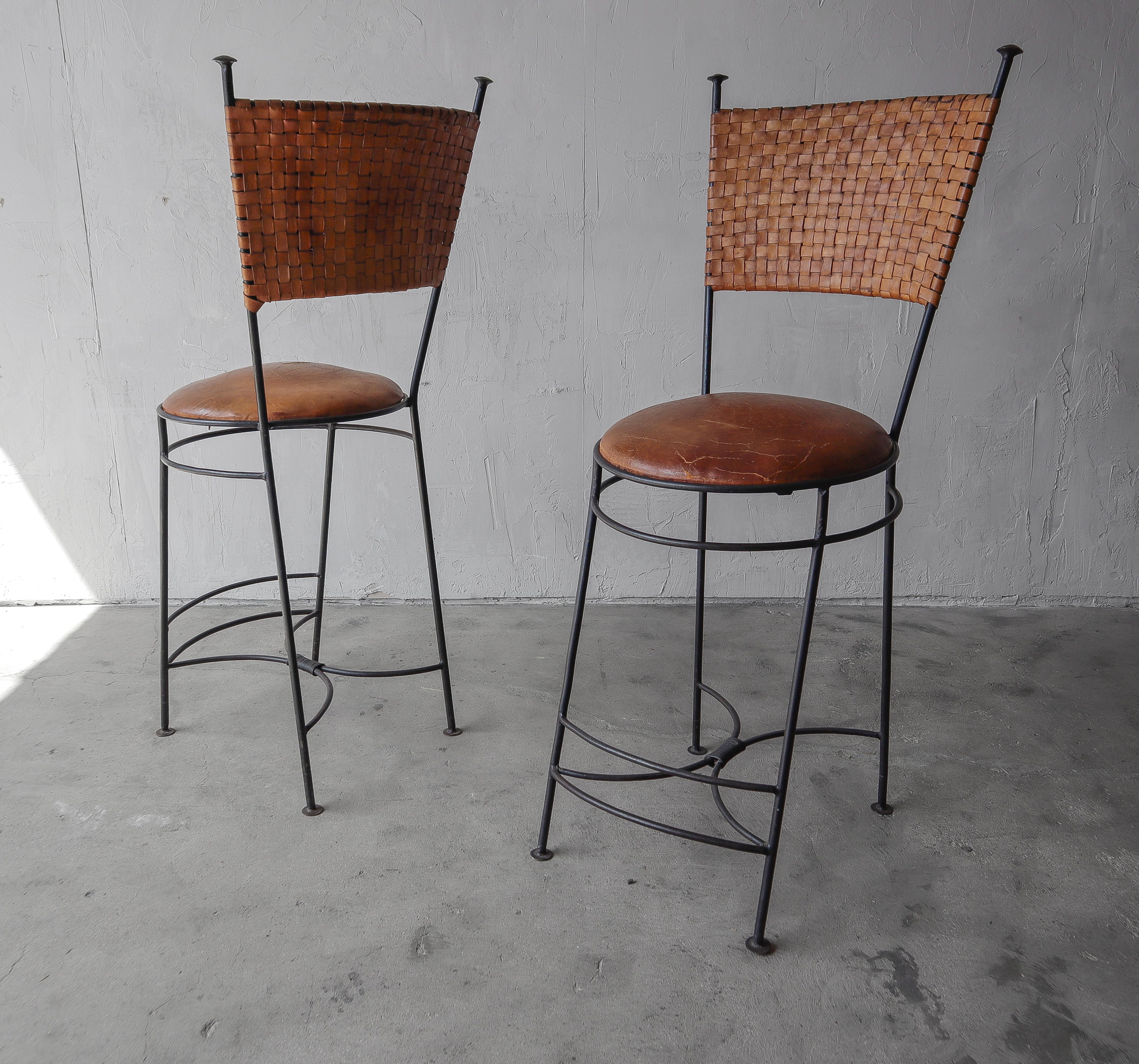 Mid-Century Modern Oversized Vintage Woven Leather and Iron Bar Stools - A Pair For Sale
