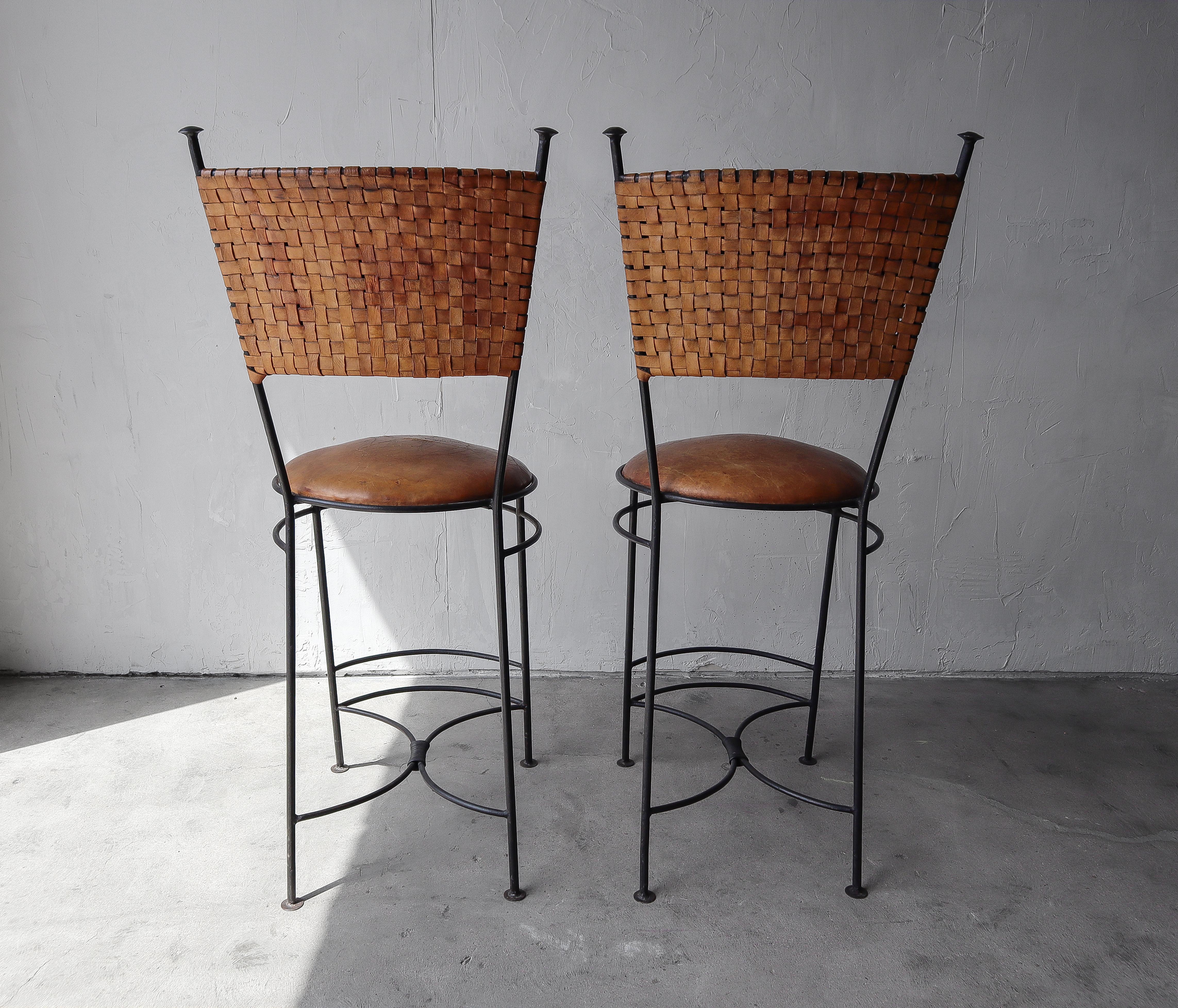 Mid-Century Modern Oversized Vintage Woven Leather and Iron Bar Stools - A Pair