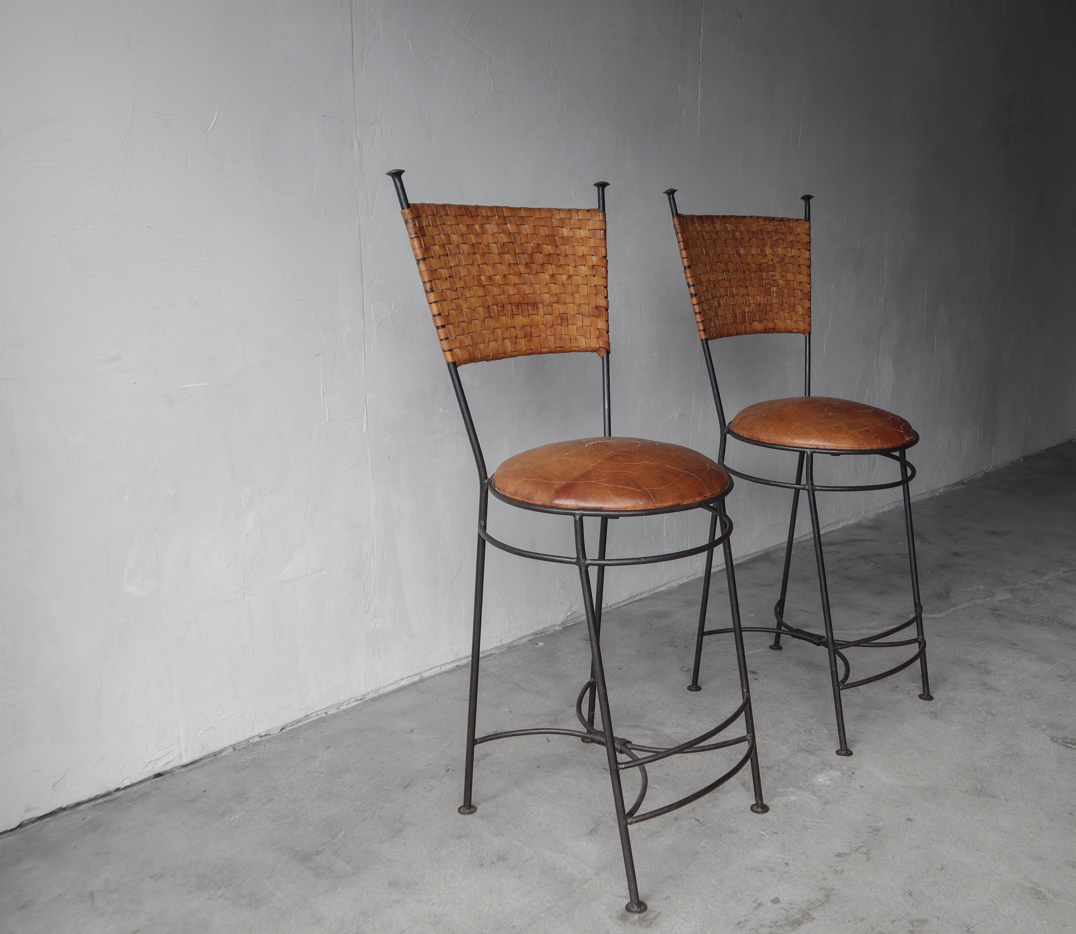 Oversized Vintage Woven Leather and Iron Bar Stools - A Pair In Good Condition For Sale In Las Vegas, NV
