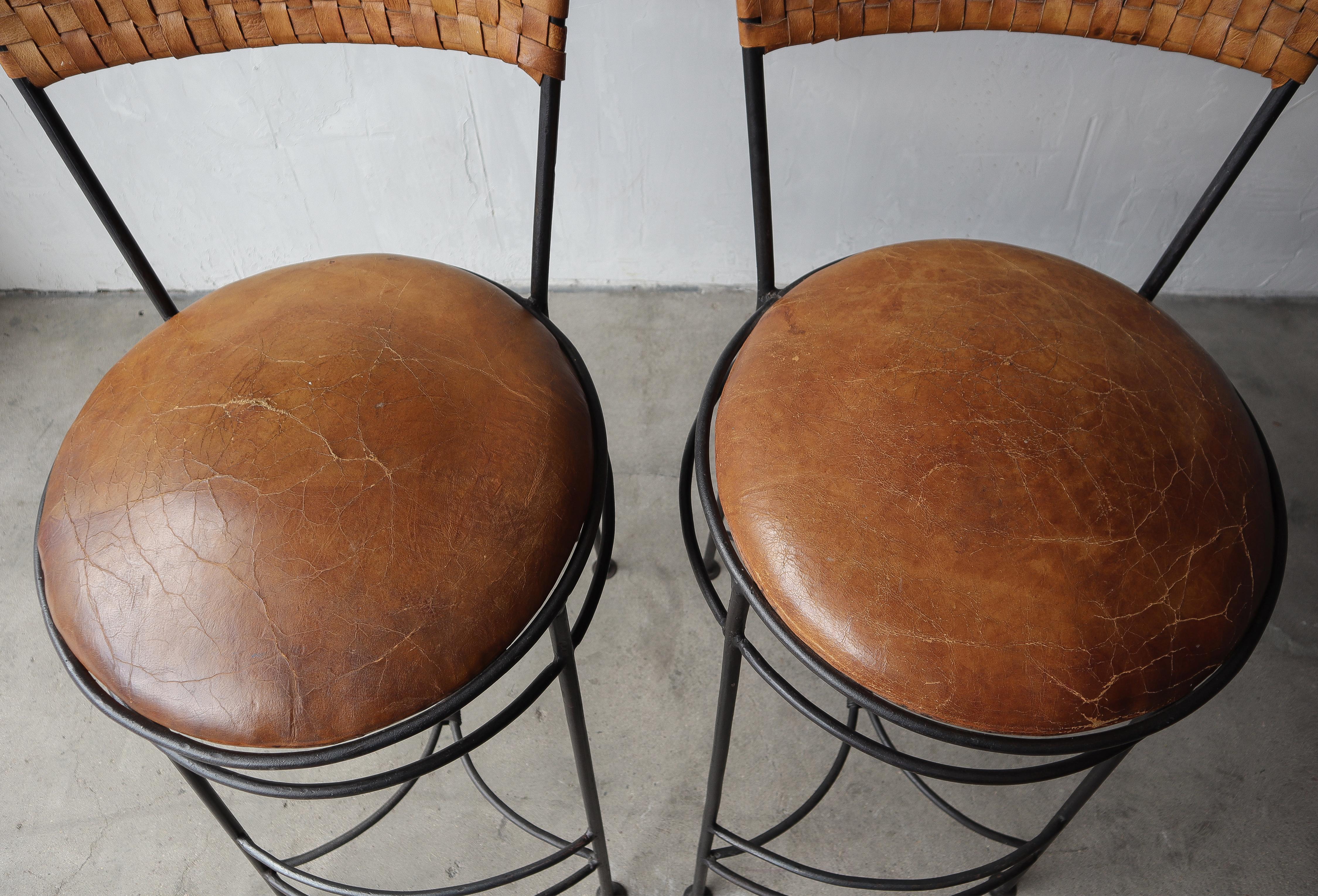 Oversized Vintage Woven Leather and Iron Bar Stools - A Pair For Sale 3