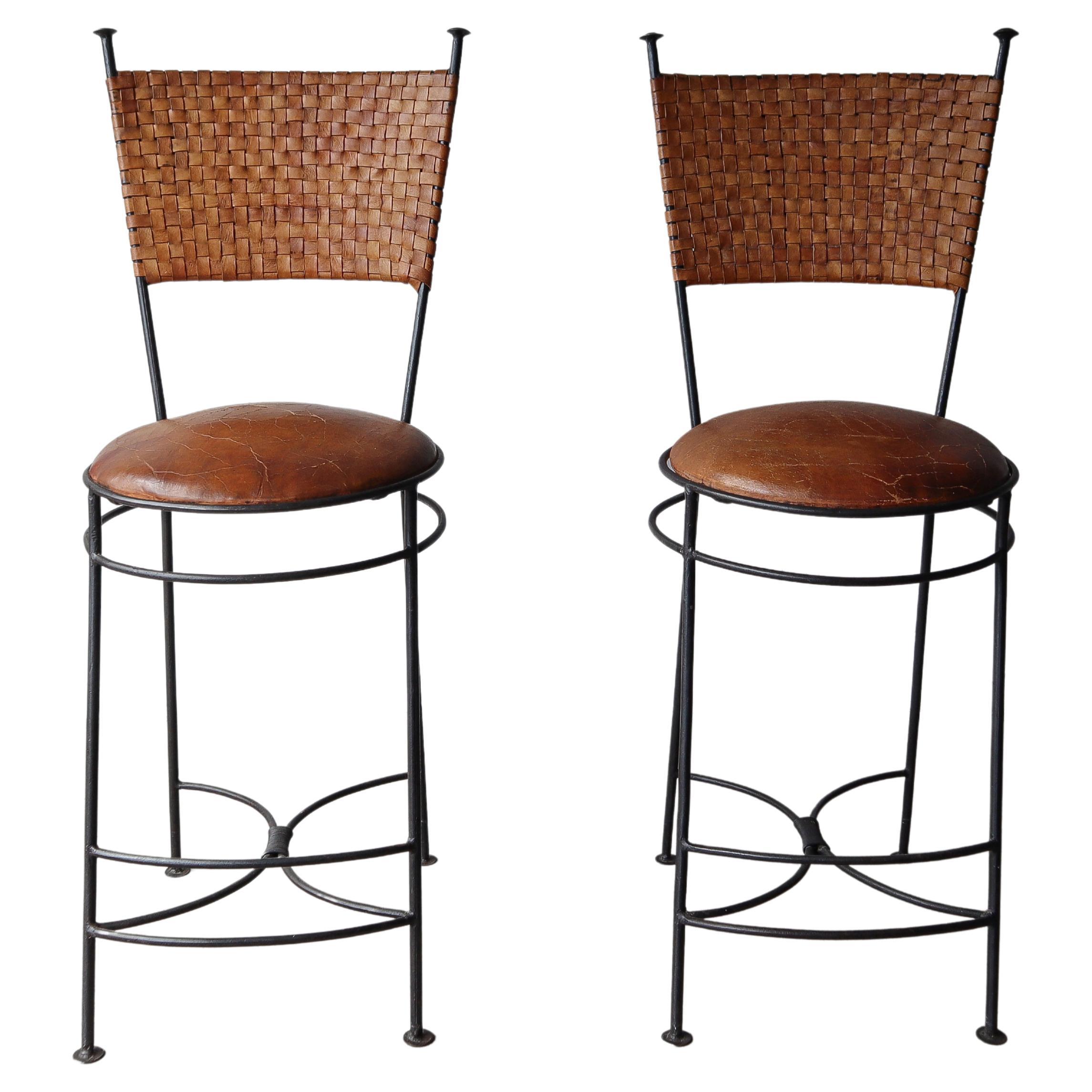 Oversized Vintage Woven Leather and Iron Bar Stools - A Pair For Sale