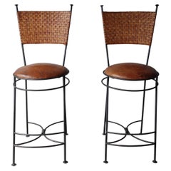 Oversized Vintage Woven Leather and Iron Bar Stools - A Pair
