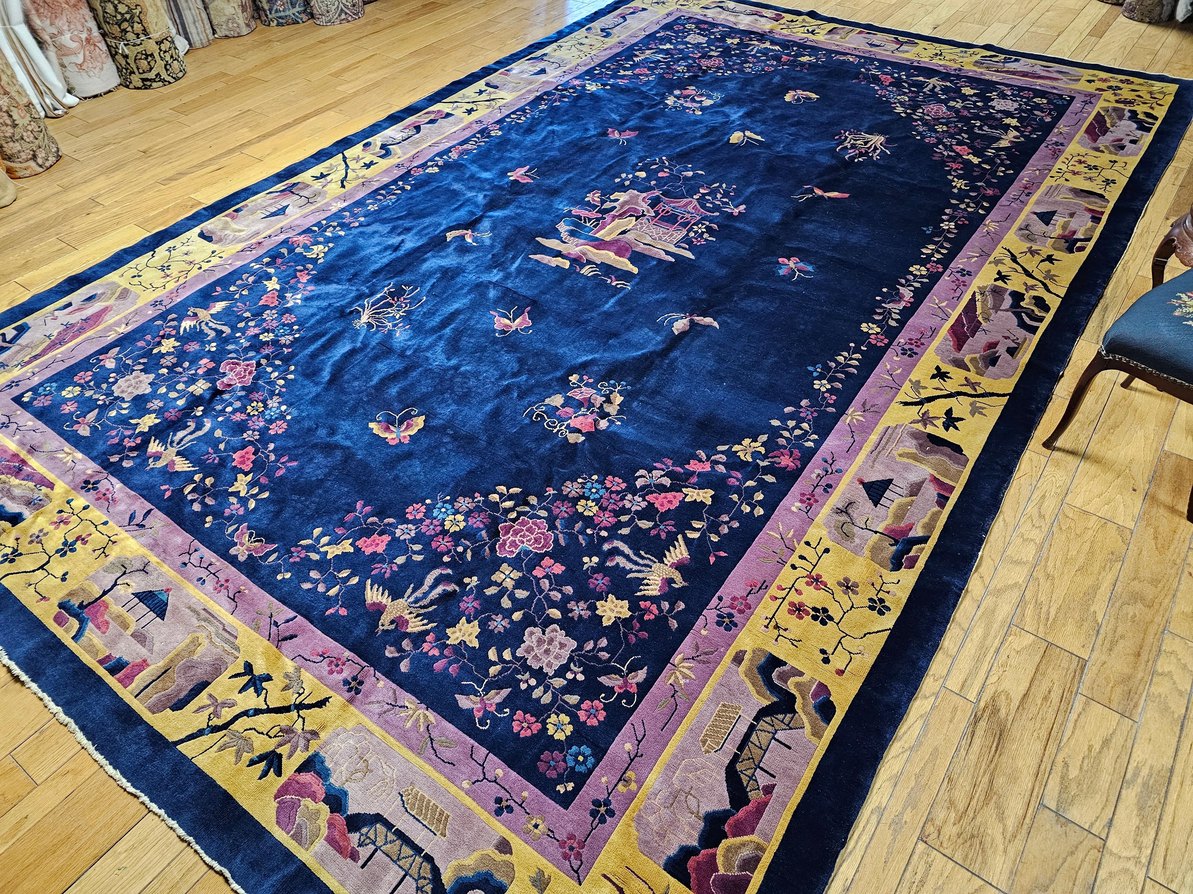 Oversized Walter Nichols Art Deco Chinese Rug in French Blue, Yellow, Navy, Red For Sale 8