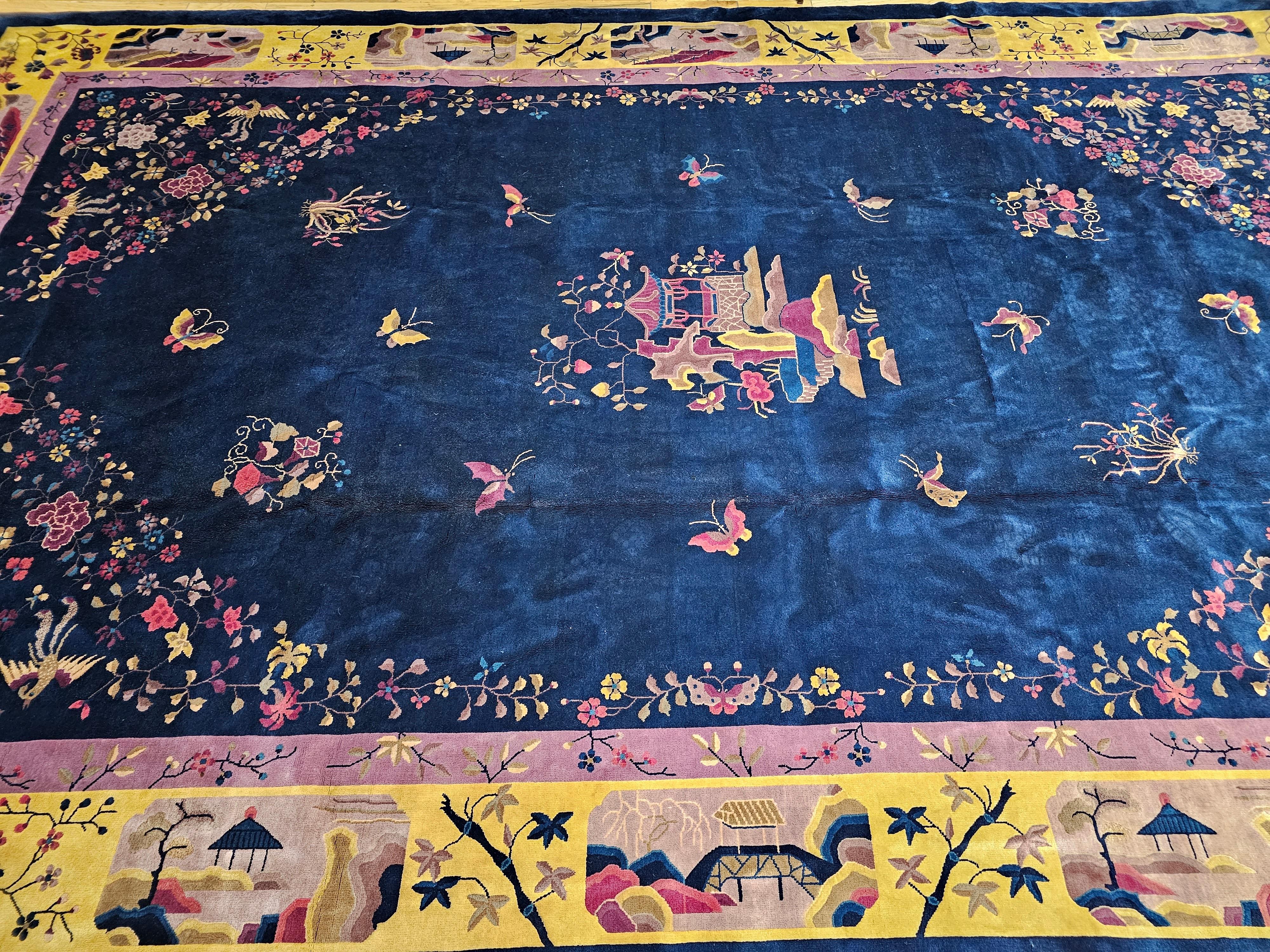 Oversized Walter Nichols Art Deco Chinese Rug in French Blue, Yellow, Navy, Red For Sale 9