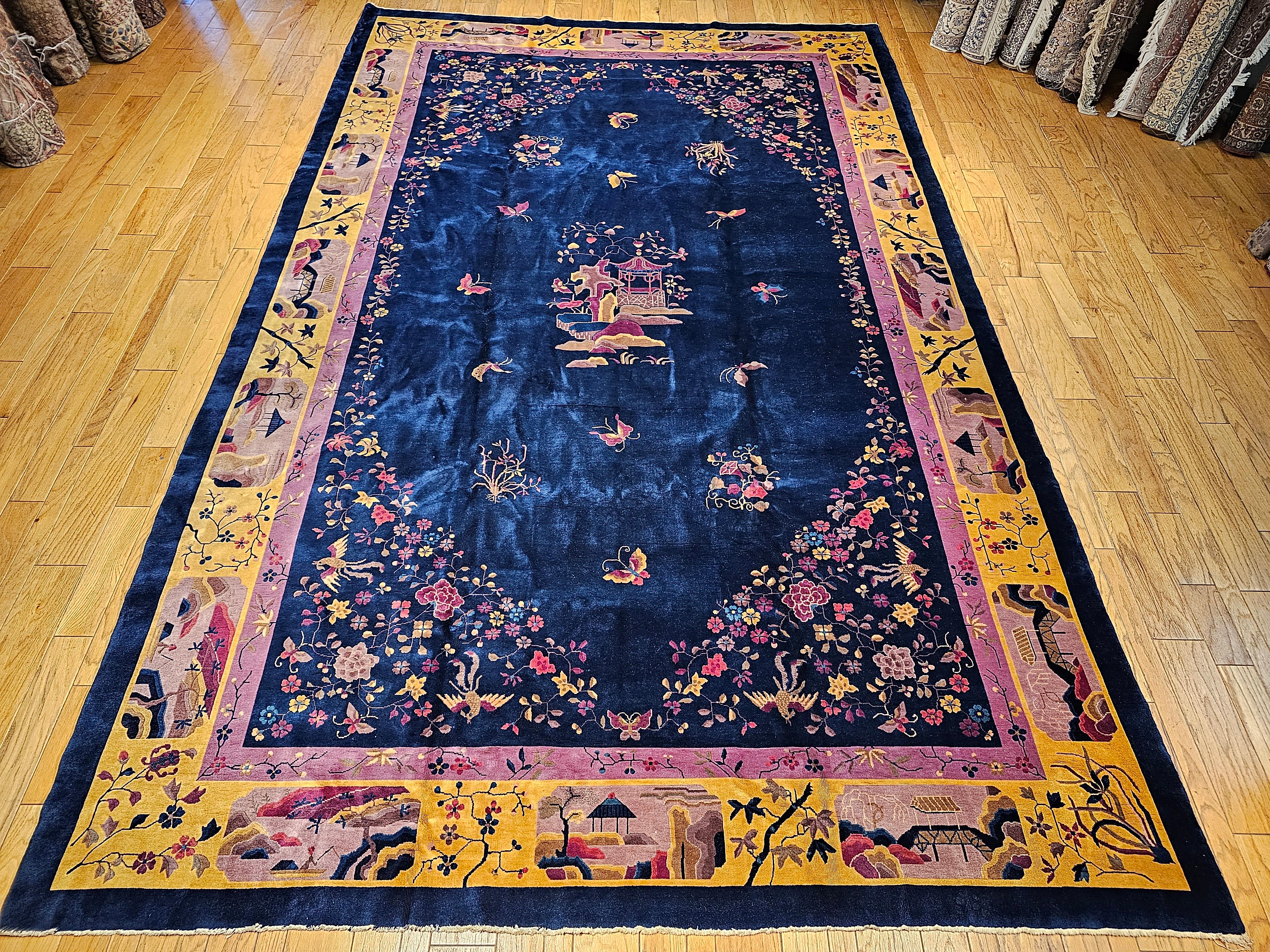 Oversized Walter Nichols Art Deco Chinese Rug in French Blue, Yellow, Navy, Red For Sale 12