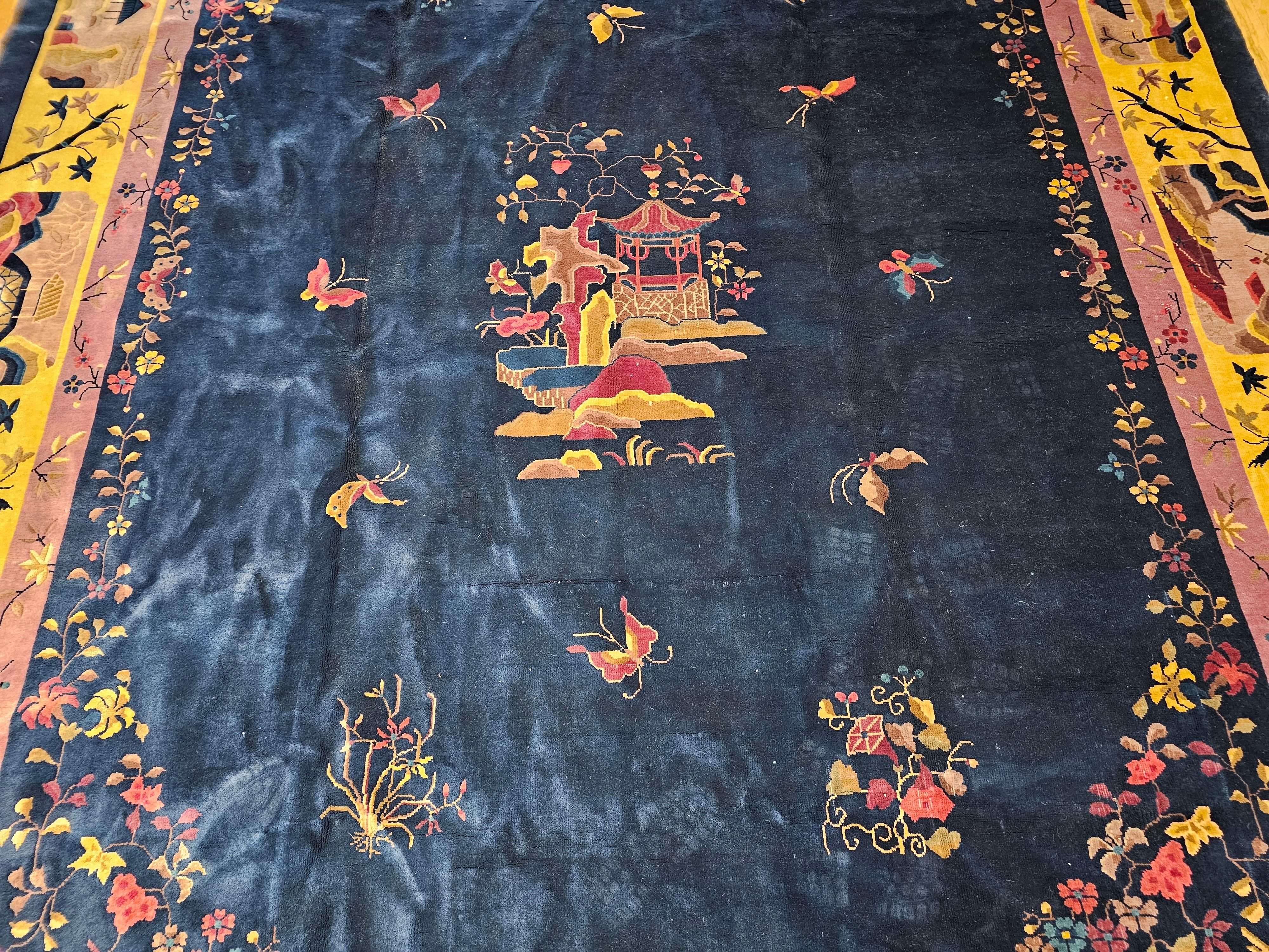 Oversized Walter Nichols Art Deco Chinese Rug in French Blue, Yellow, Navy, Red In Excellent Condition For Sale In Barrington, IL