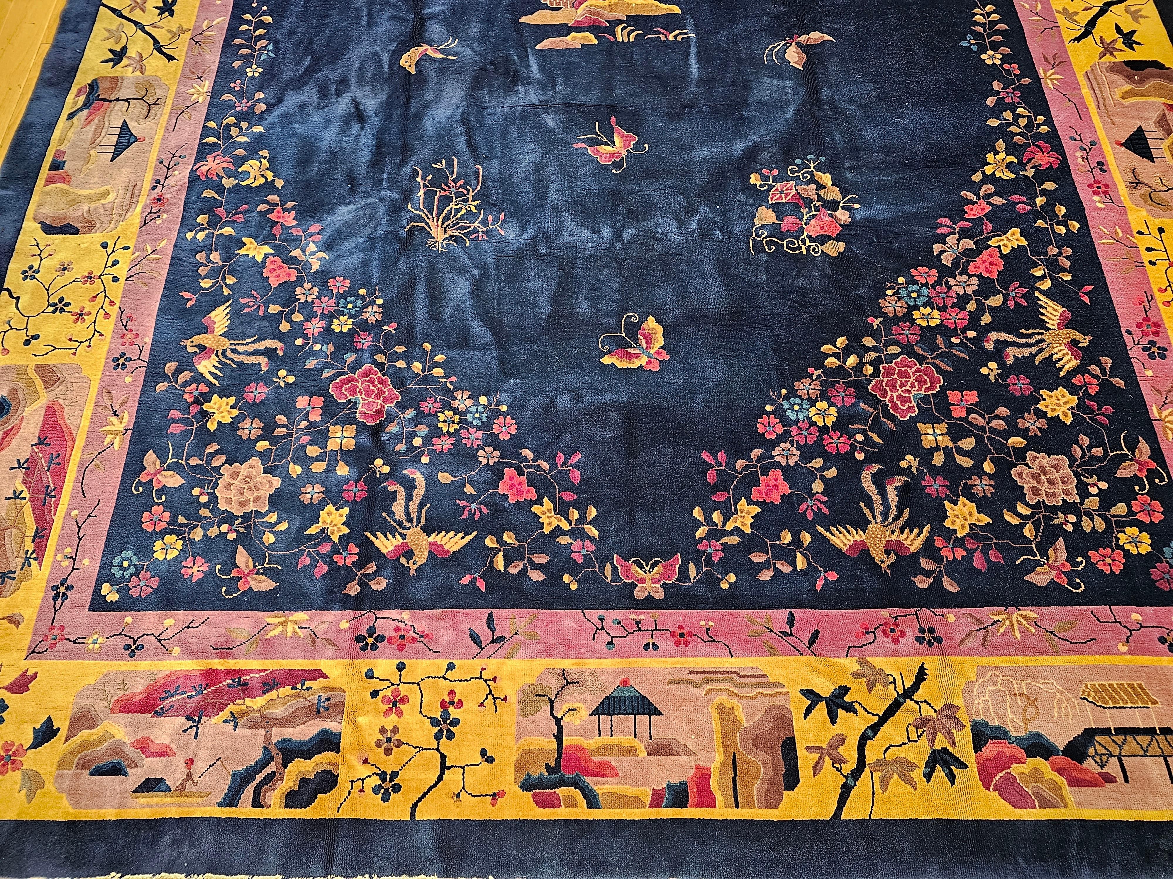 20th Century Oversized Walter Nichols Art Deco Chinese Rug in French Blue, Yellow, Navy, Red For Sale