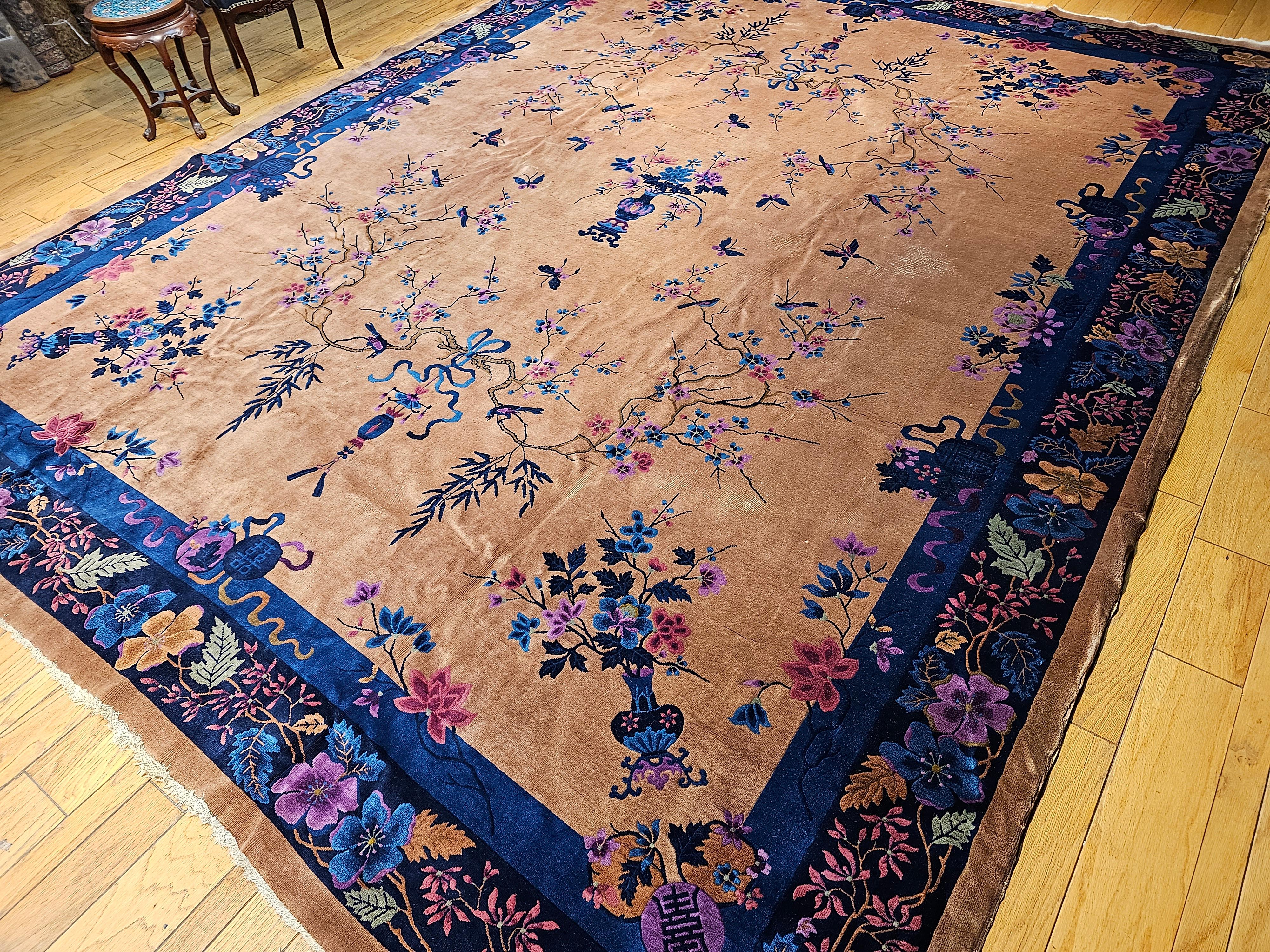 Oversized Walter Nichols Art Deco Chinese Rug in Tan, French Blue, Pink, Navy For Sale 11