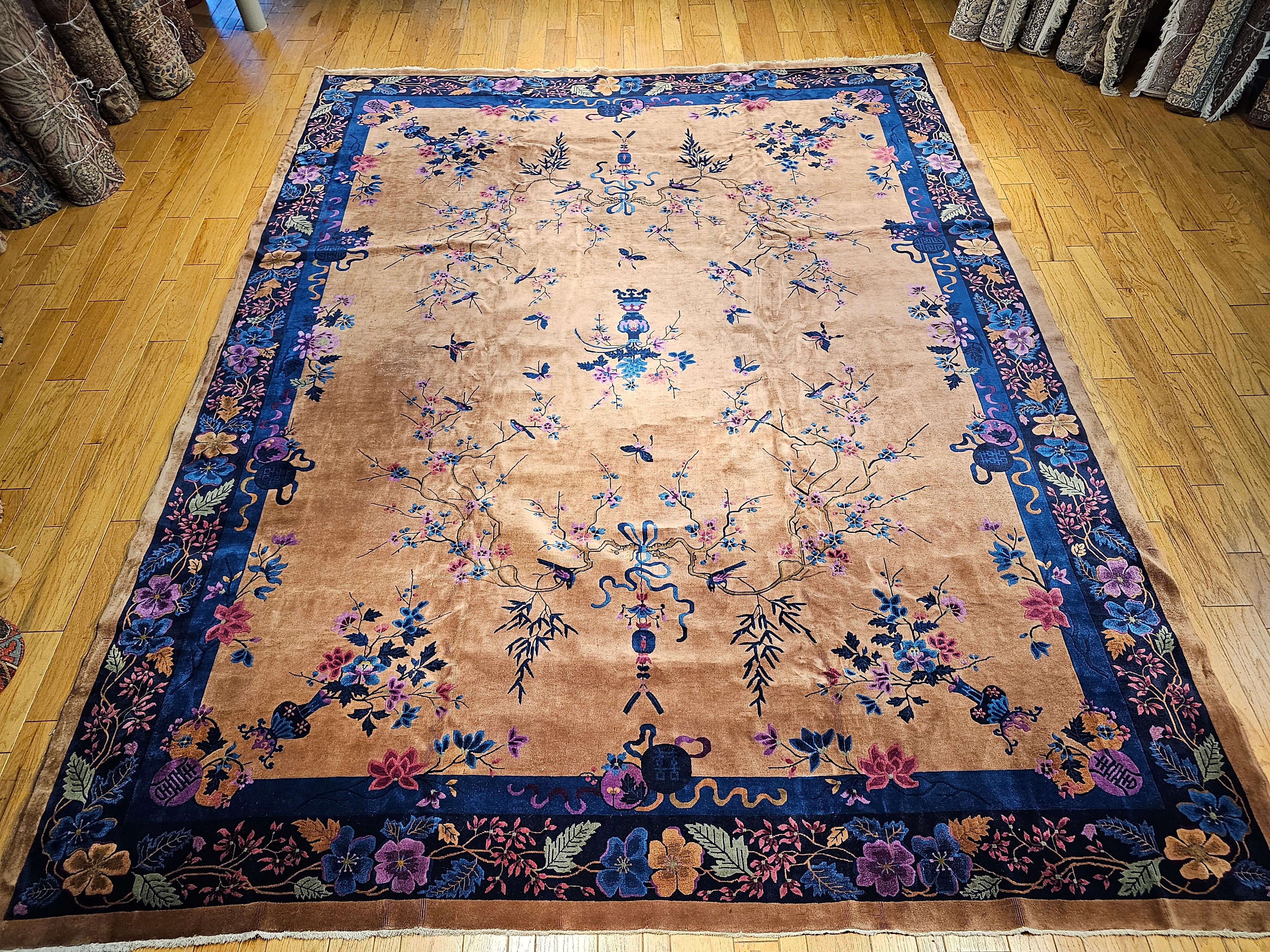Oversized Walter Nichols Art Deco Chinese Rug in Tan, French Blue, Pink, Navy For Sale 13