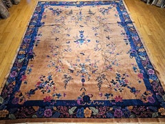 Oversized Walter Nichols Art Deco Chinese Rug in Tan, French Blue, Pink, Navy