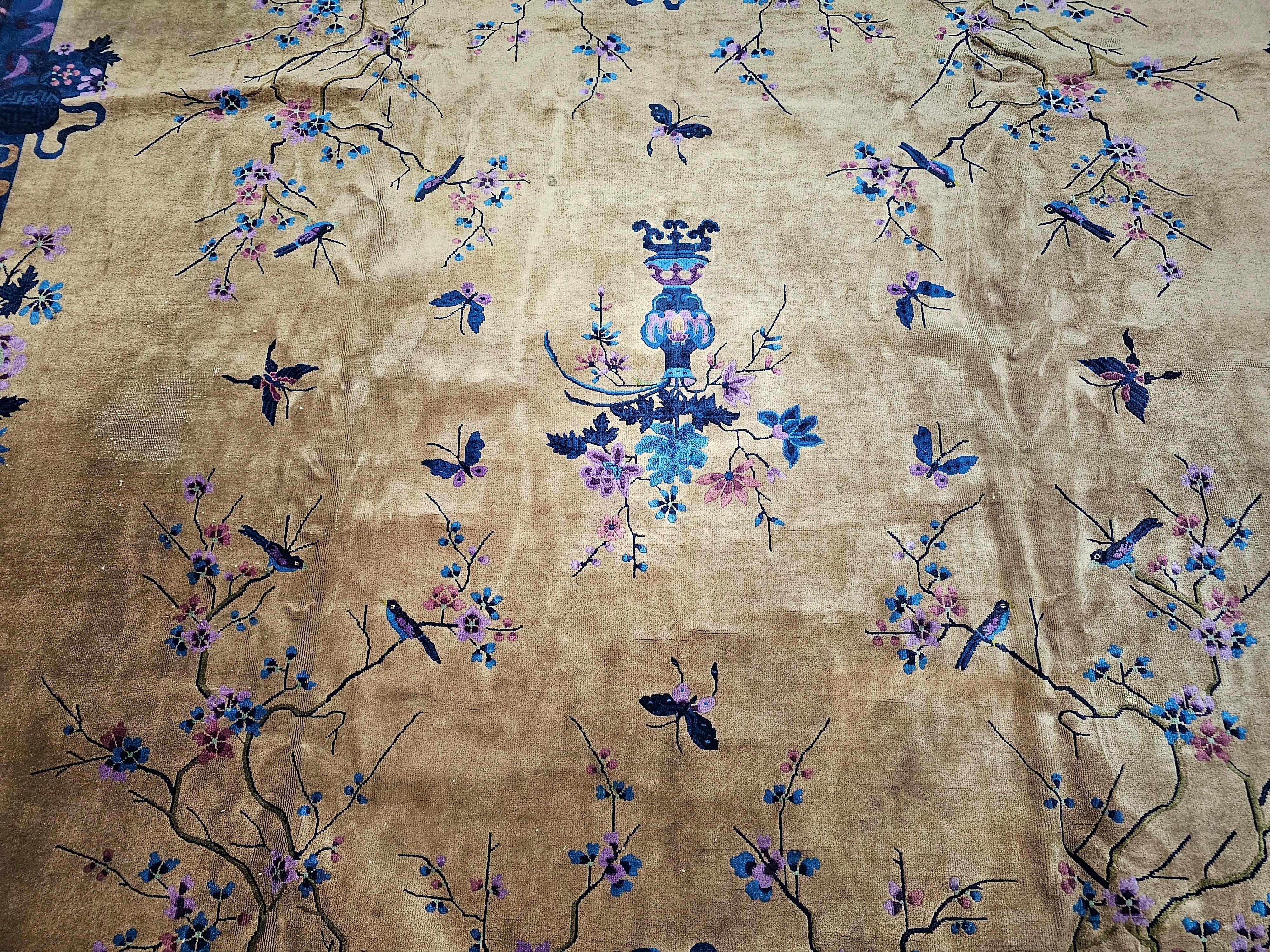 Oversized Walter Nichols Art Deco Chinese Rug in Tan, French Blue, Pink, Navy In Good Condition For Sale In Barrington, IL