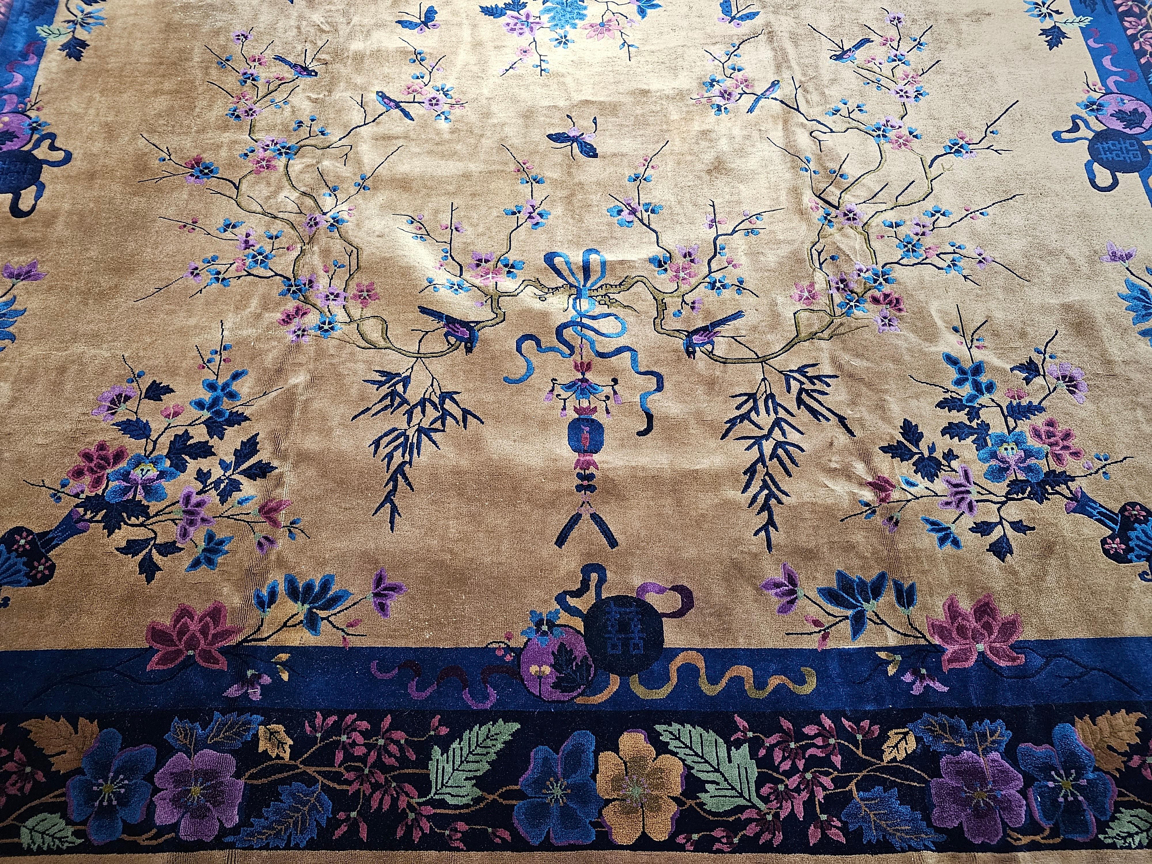 20th Century Oversized Walter Nichols Art Deco Chinese Rug in Tan, French Blue, Pink, Navy For Sale