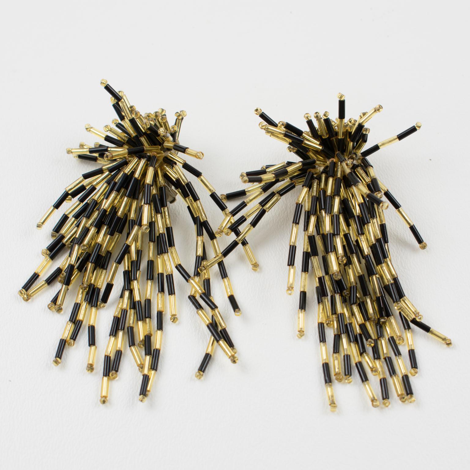 Artist Oversized Waterfall Black and Gold Glass Beaded Dangle Clip Earrings, 1980s For Sale
