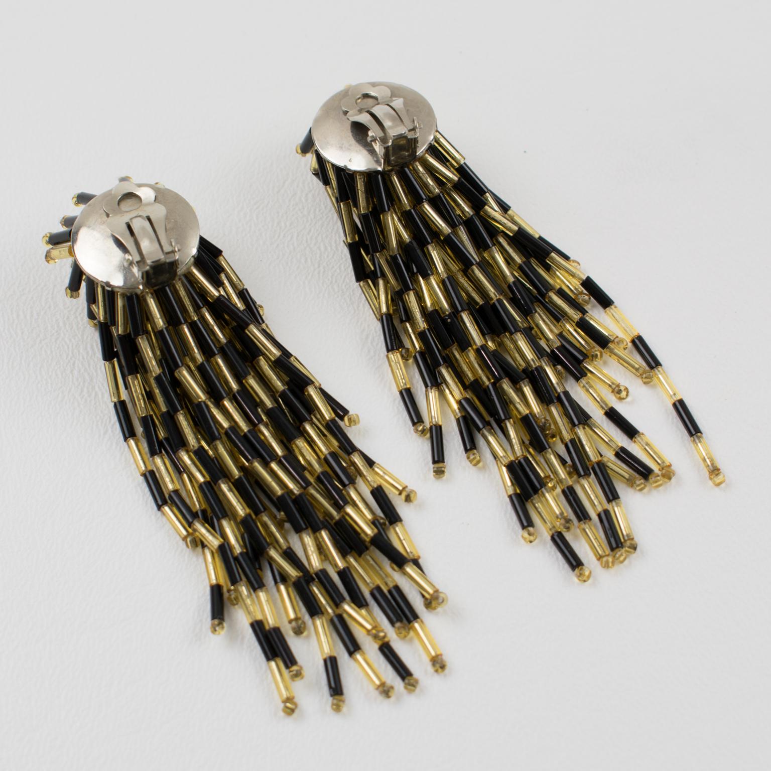 Waterfall Black and Gold Glass Beaded Dangle Clip Earrings In Excellent Condition For Sale In Atlanta, GA