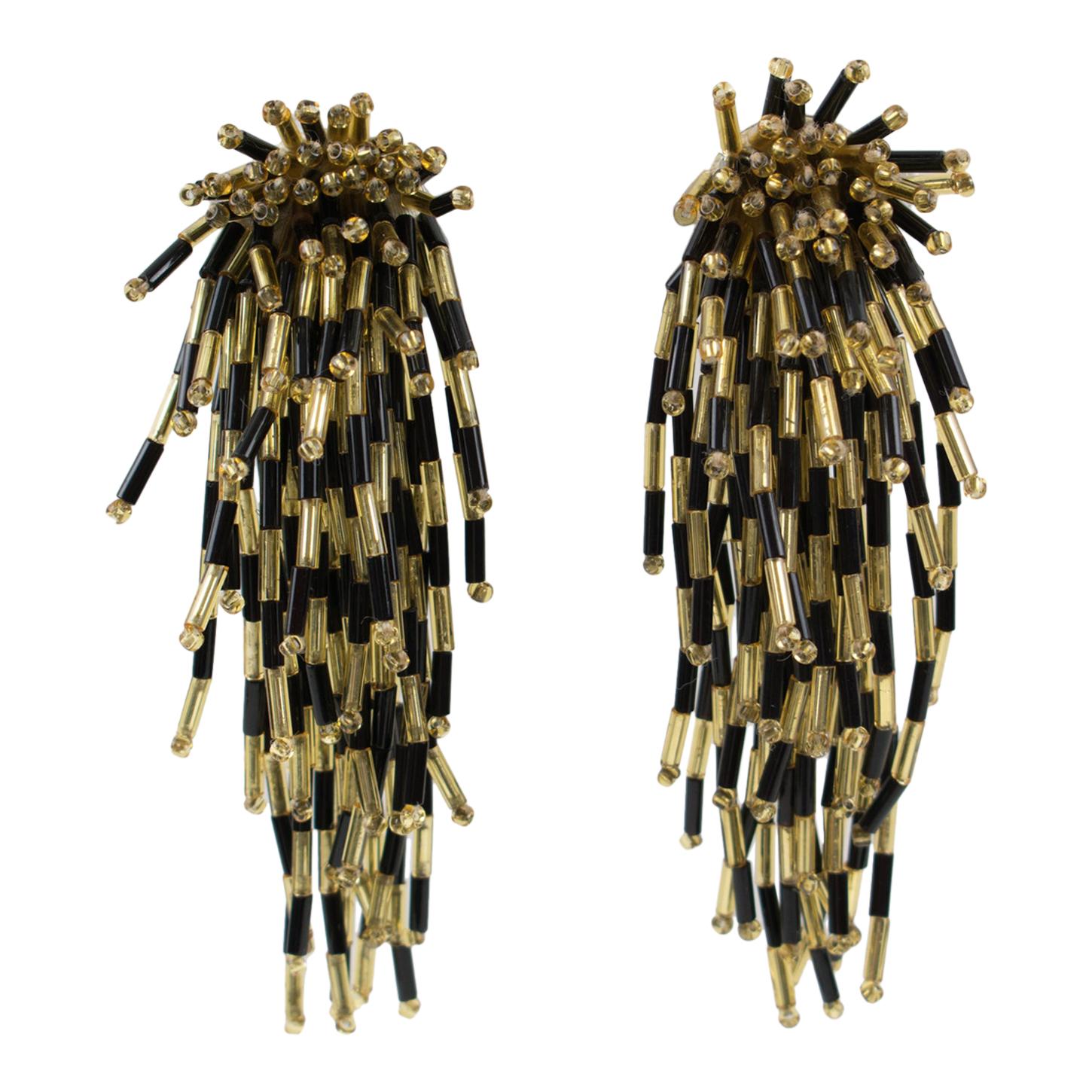 Oversized Waterfall Black and Gold Glass Beaded Dangle Clip Earrings, 1980s For Sale