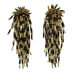 Oversized Waterfall Black and Gold Glass Beaded Dangle Clip Earrings, 1980s