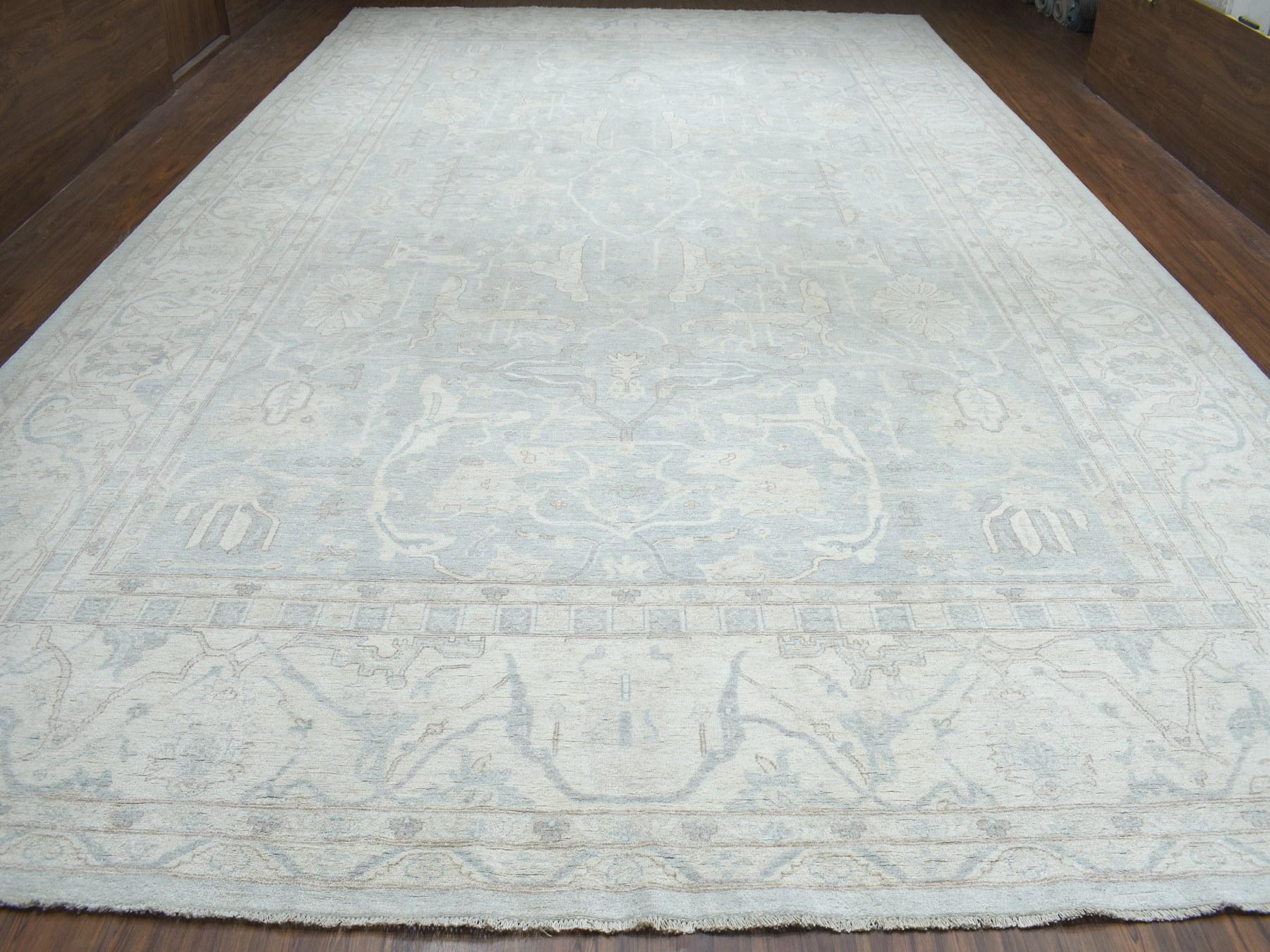 Art Deco Oversized White Wash Peshawar Pure Wool Hand Knotted Oriental Rug