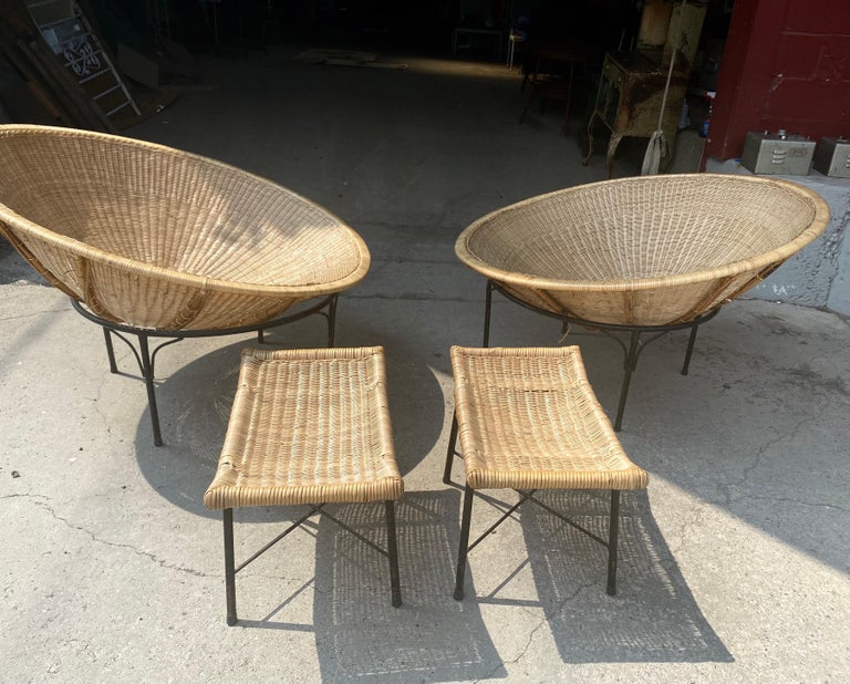 Oversized wicker /rattan and iron hoop chairs with matching ottomans ,48