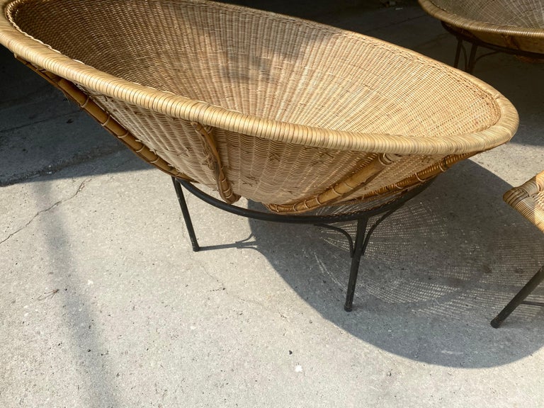 American Oversized Wicker and Iron Hoop Chairs and Ottomans, Modernist / Garden c.1970s For Sale