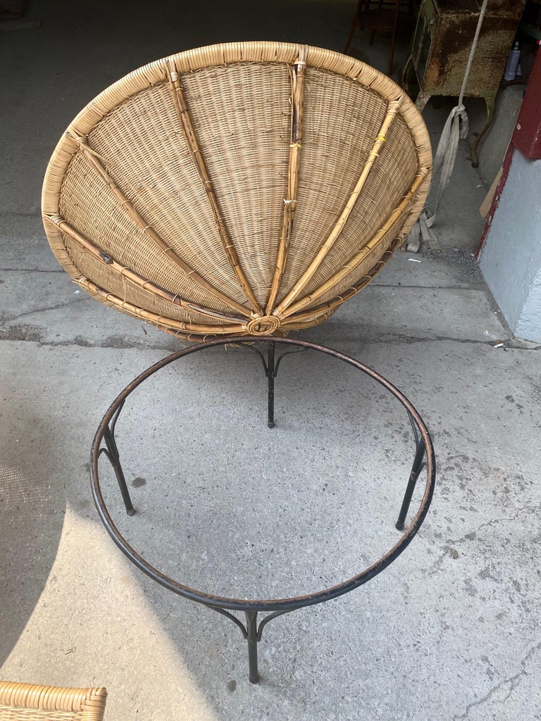 Oversized Wicker and Iron Hoop Chairs and Ottomans, Modernist / Garden c.1970s In Good Condition For Sale In Buffalo, NY
