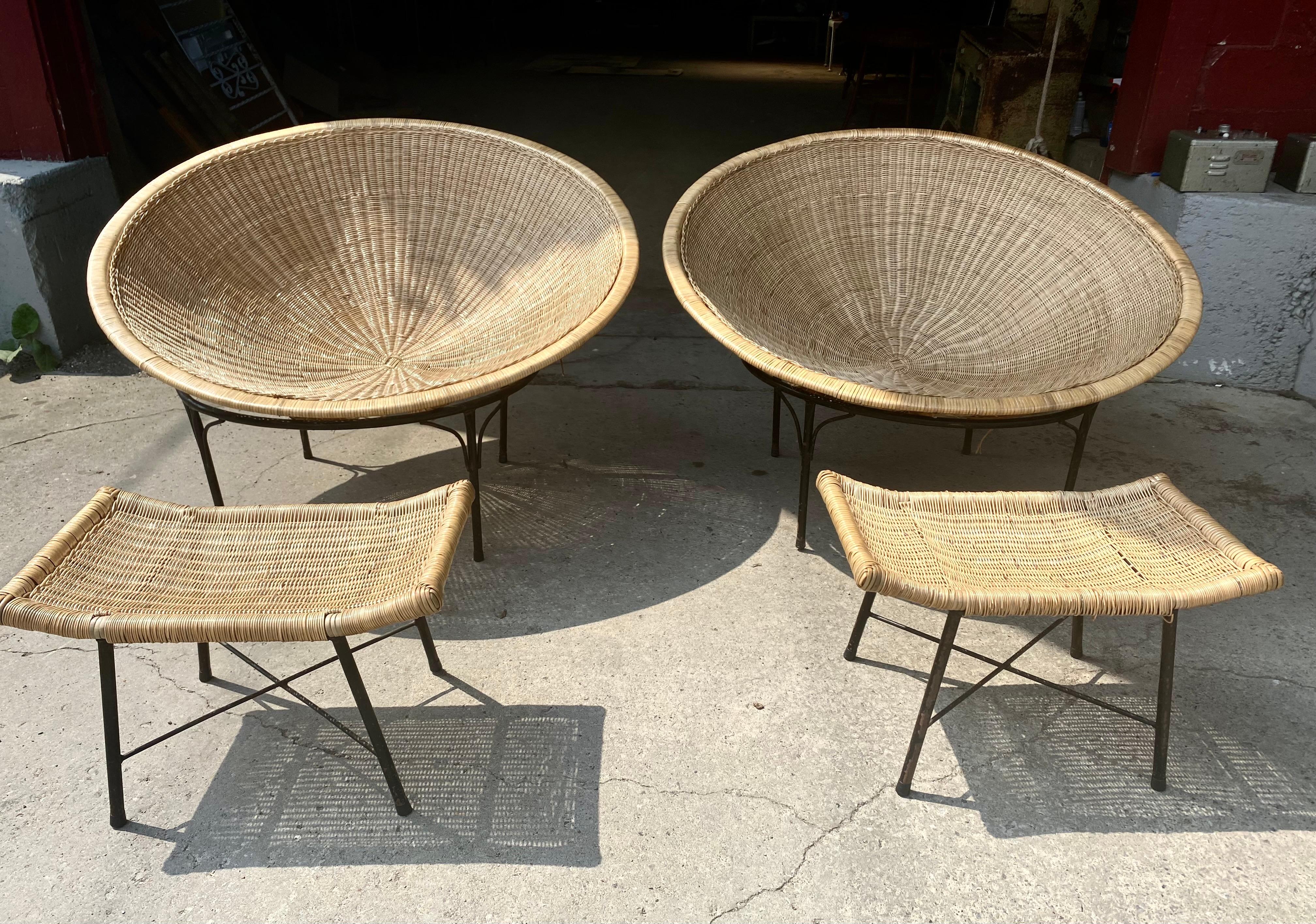 Mid-Century Modern Oversized Wicker and Iron Hoop Chairs and Ottomans, Modernist / Garden c.1970s For Sale