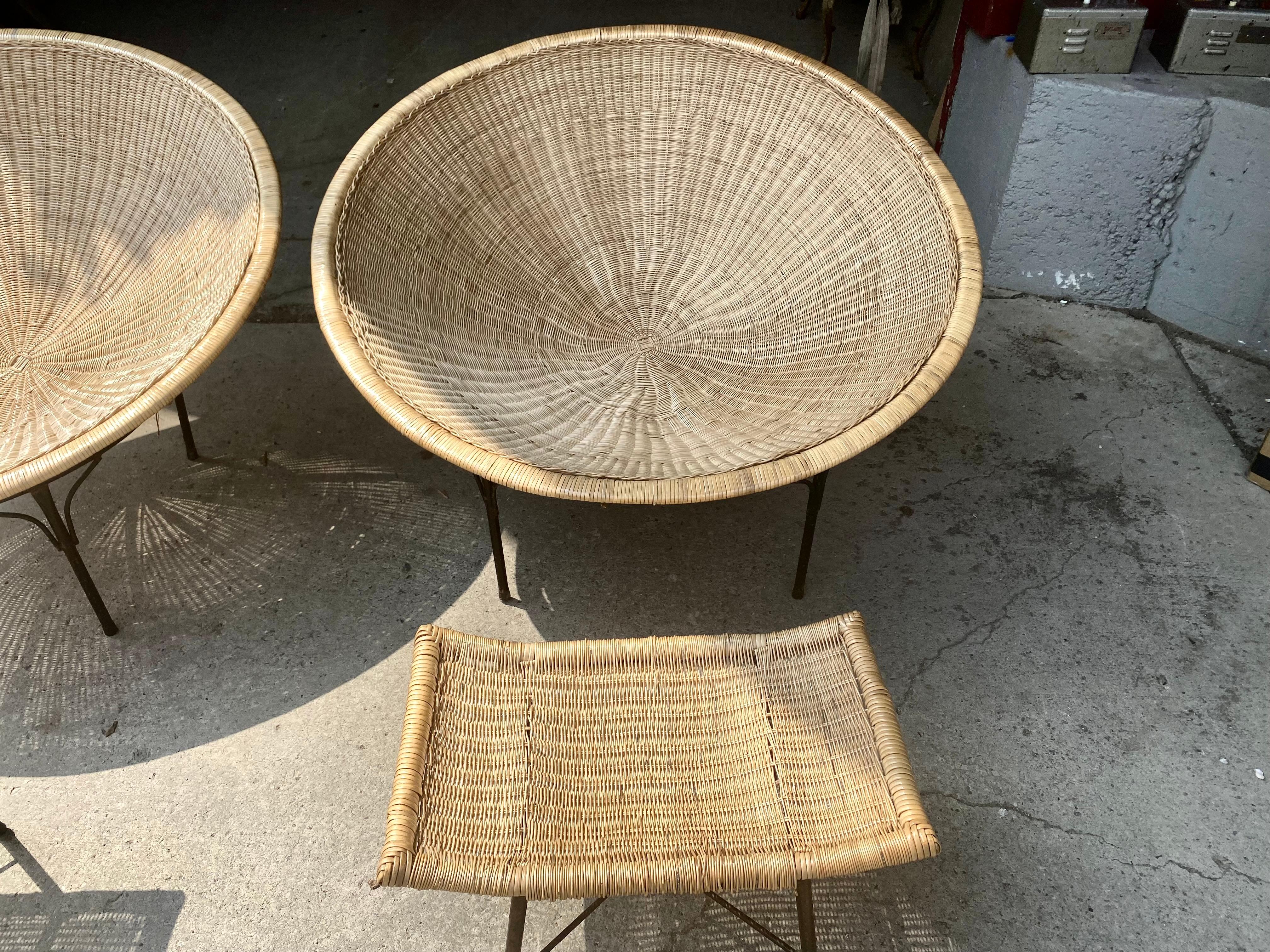 American Oversized Wicker and Iron Hoop Chairs and Ottomans, Modernist / Garden c.1970s For Sale