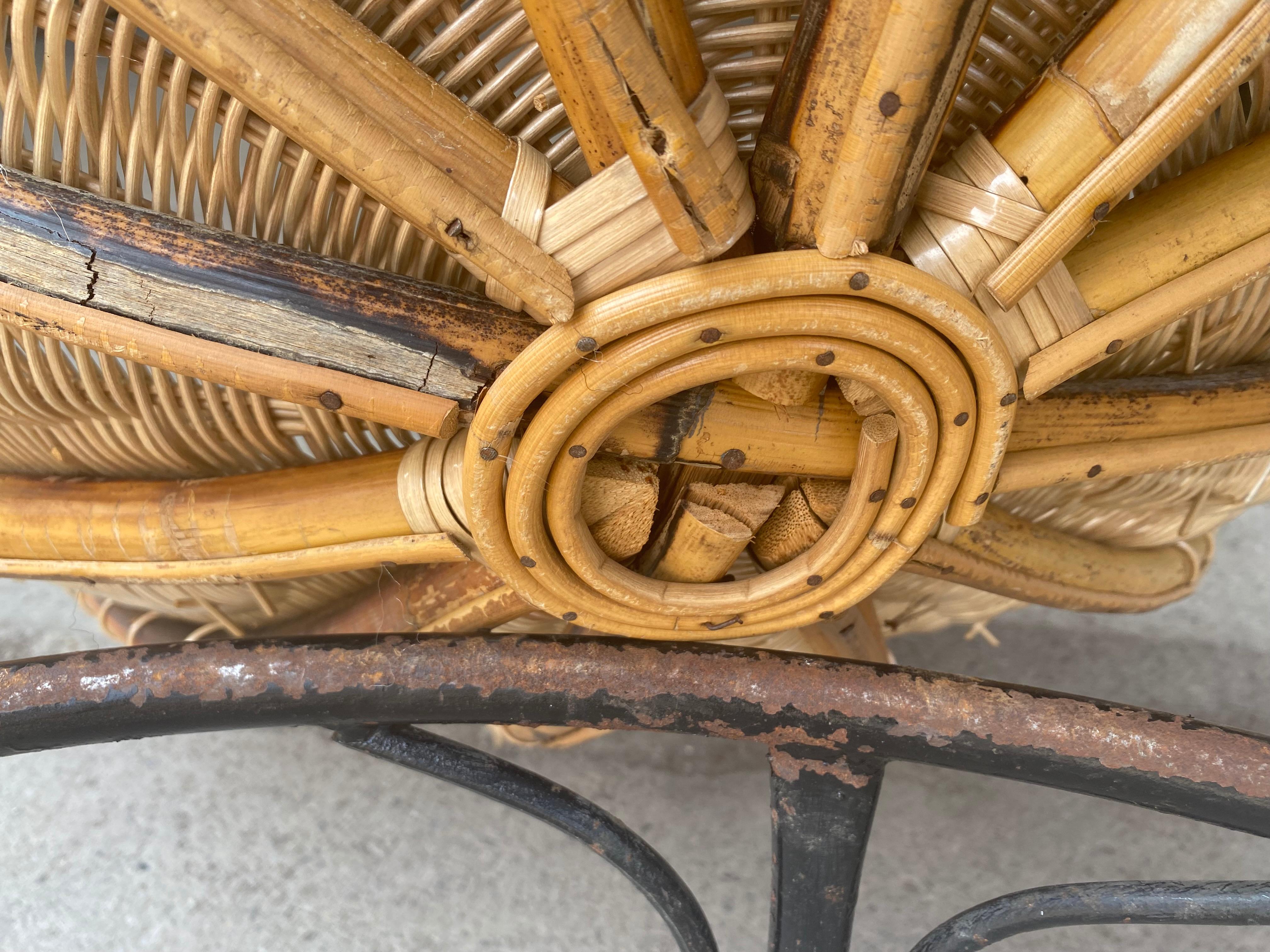 Oversized Wicker and Iron Hoop Chairs and Ottomans, Modernist / Garden c.1970s In Good Condition For Sale In Buffalo, NY