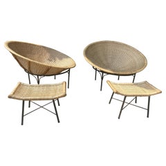 Oversized Wicker and Iron Hoop Chairs and Ottomans, Modernist / Garden c.1970s