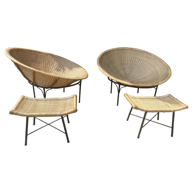 Oversized Wicker and Iron Hoop Chairs and Ottomans, Modernist / Garden c.1970s For Sale