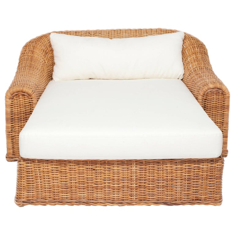 Oversized Wicker Chaise with Newly Upholstered White Linen Cushion at ...