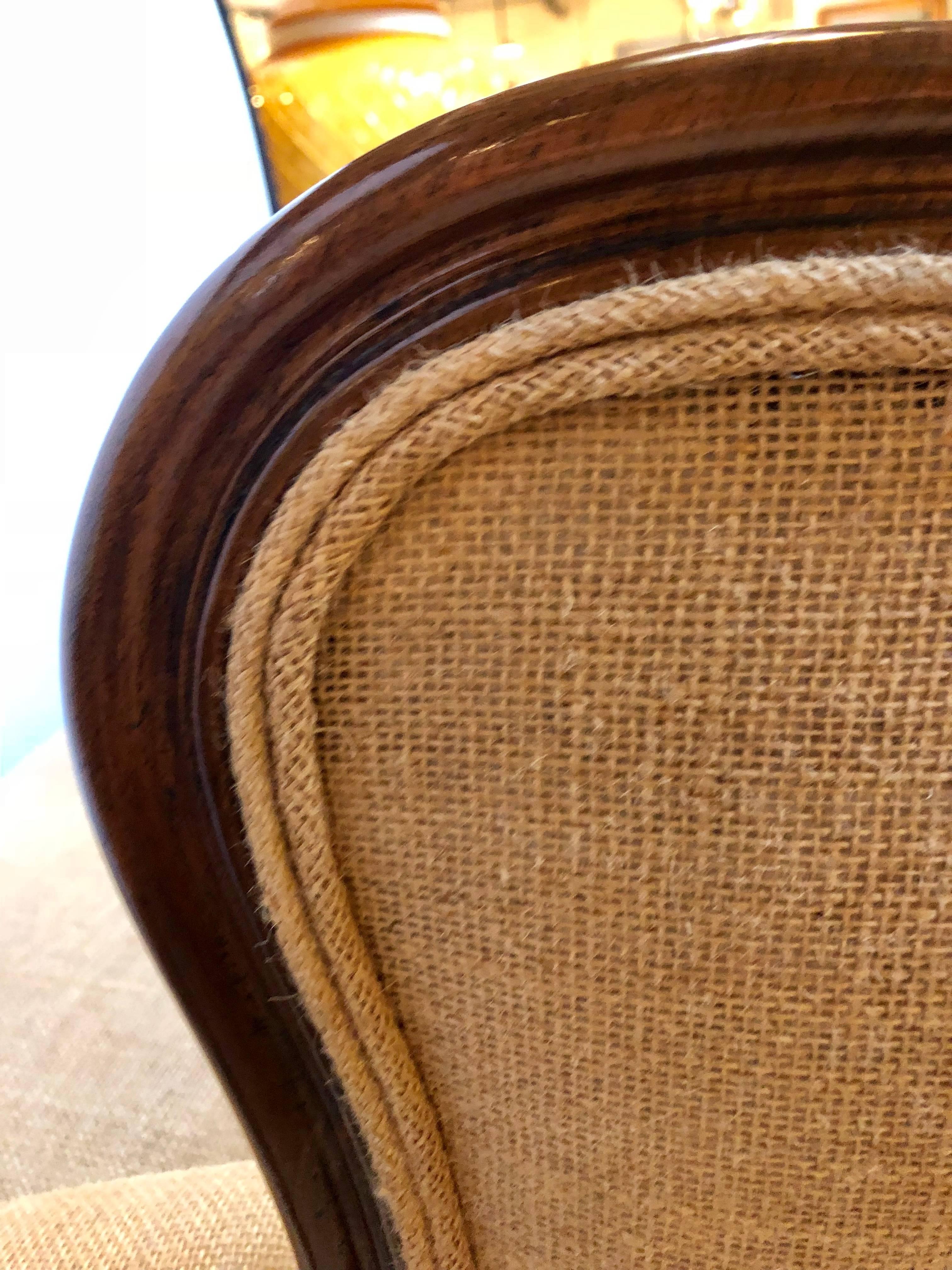 Oversized Wingback Marquis Chair Upholstered in Burlap Carved Wood Details 4
