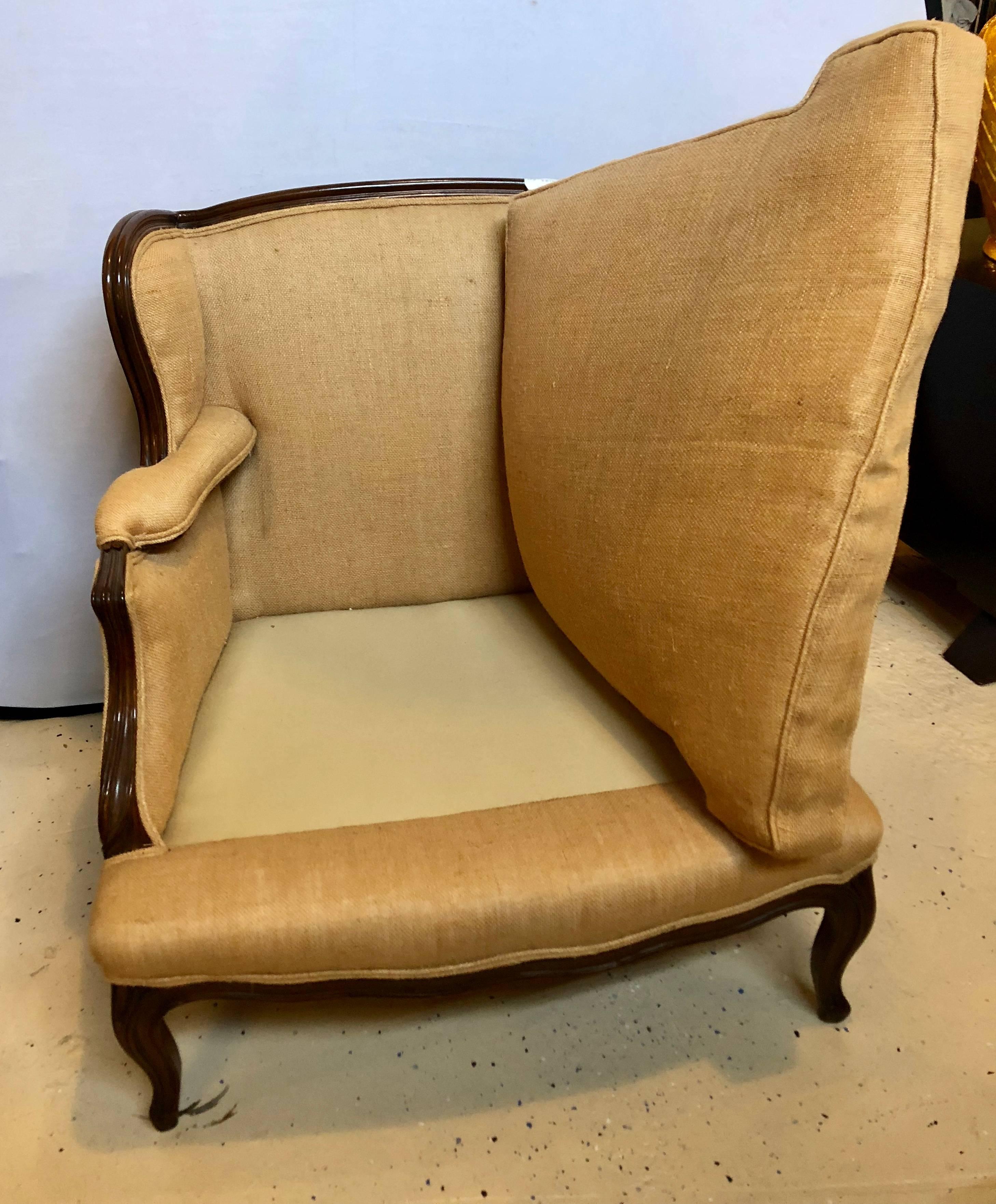 Oversized Wingback Marquis Chair Upholstered in Burlap Carved Wood Details 8
