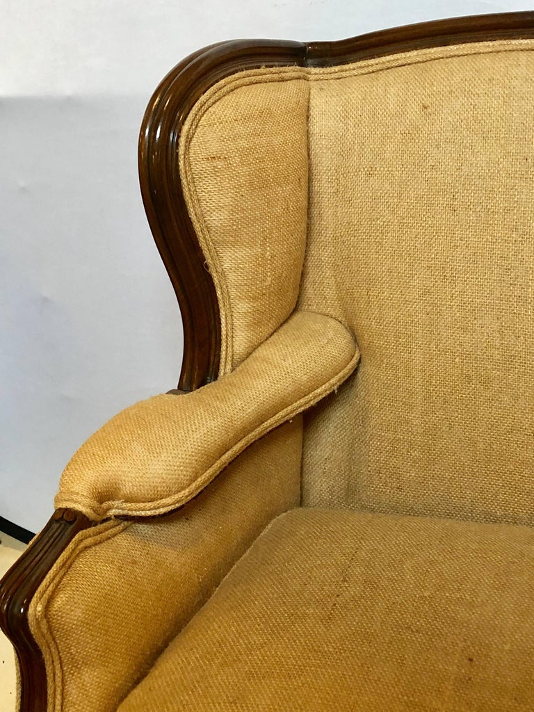 Oversized Wingback Marquis Chair Upholstered in Burlap Carved Wood Details at 1stDibs burlap