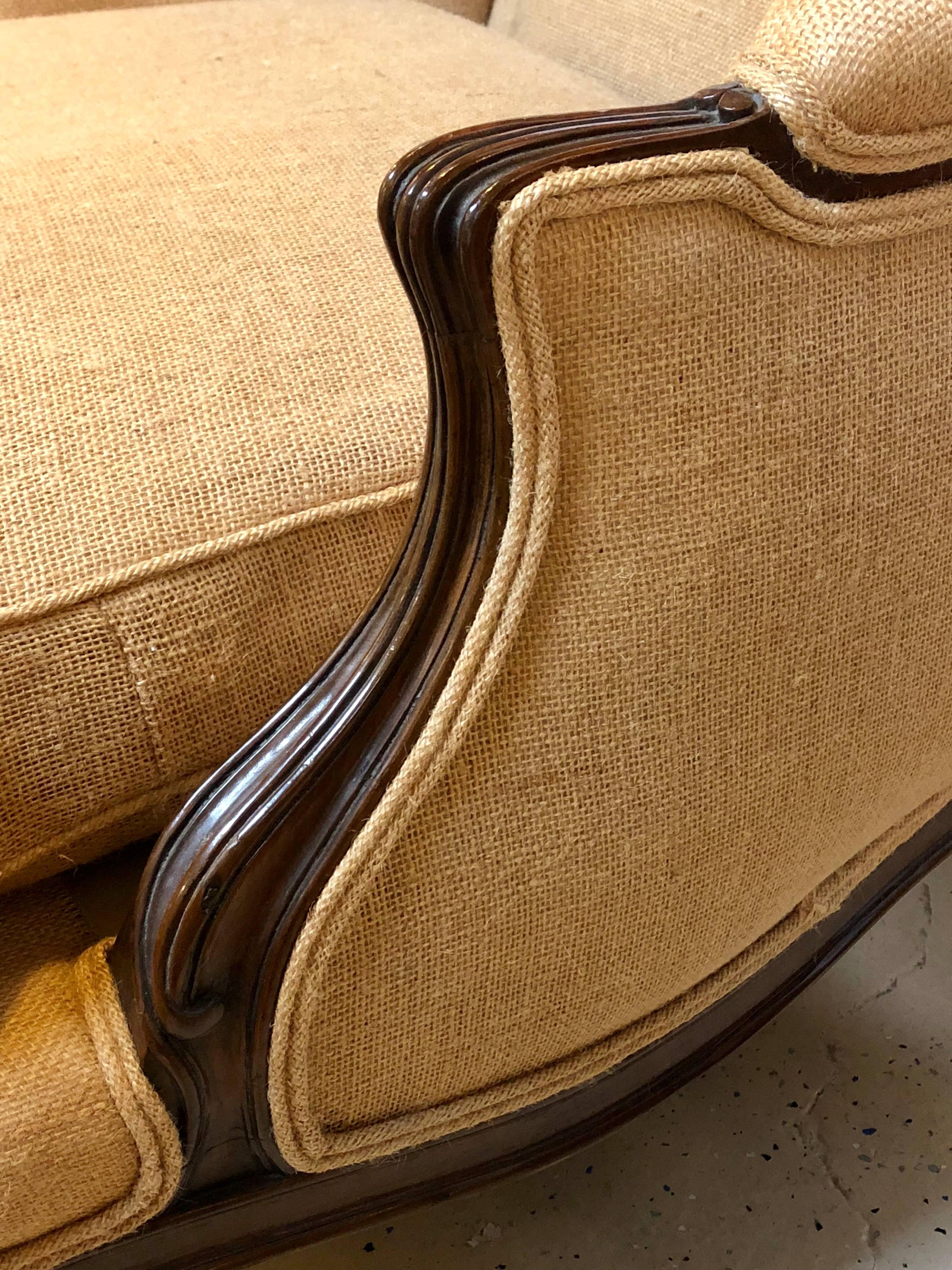 Oversized Wingback Marquis Chair Upholstered in Burlap Carved Wood Details In Good Condition In Stamford, CT