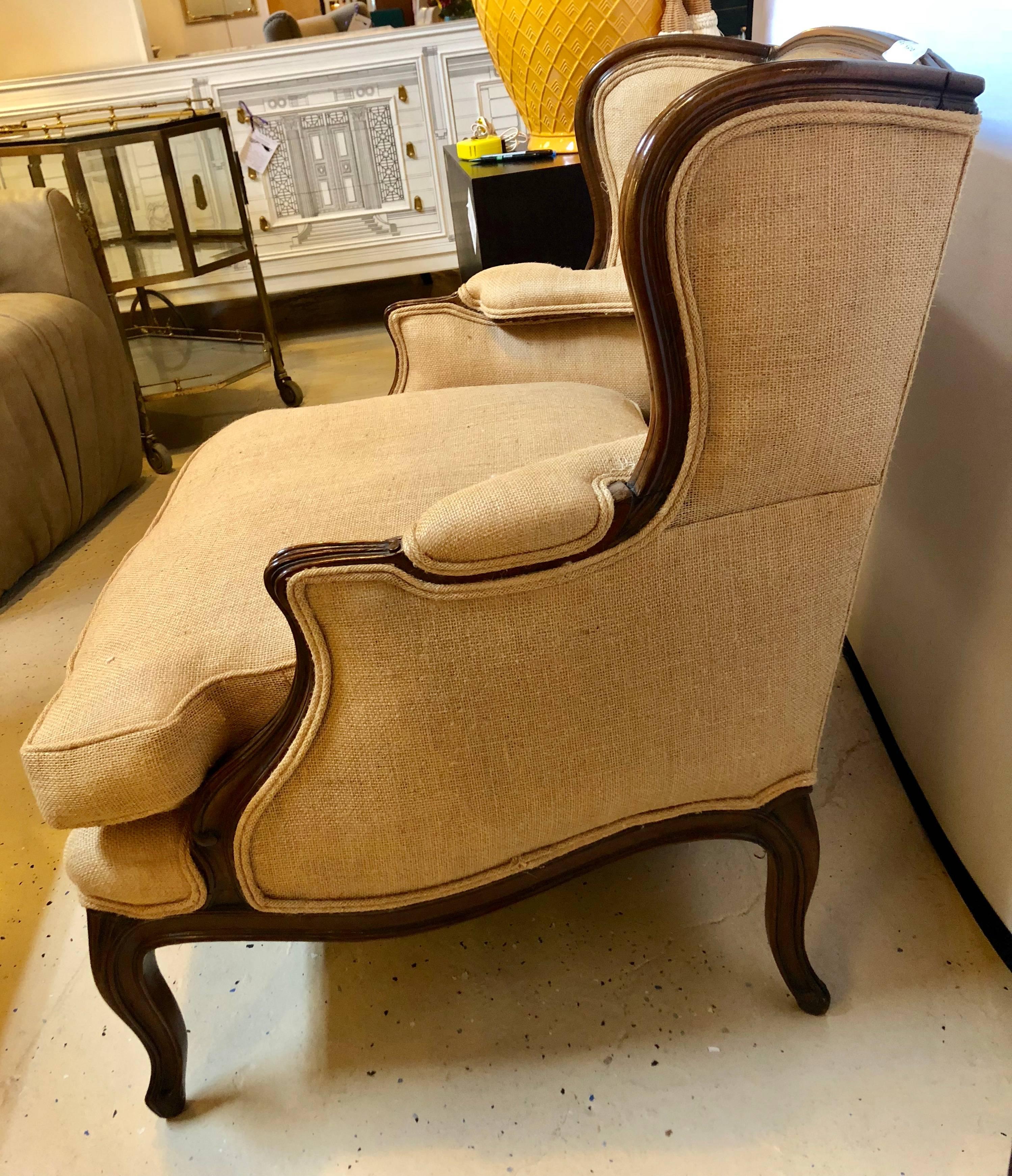 Oversized Wingback Marquis Chair Upholstered in Burlap Carved Wood Details 1