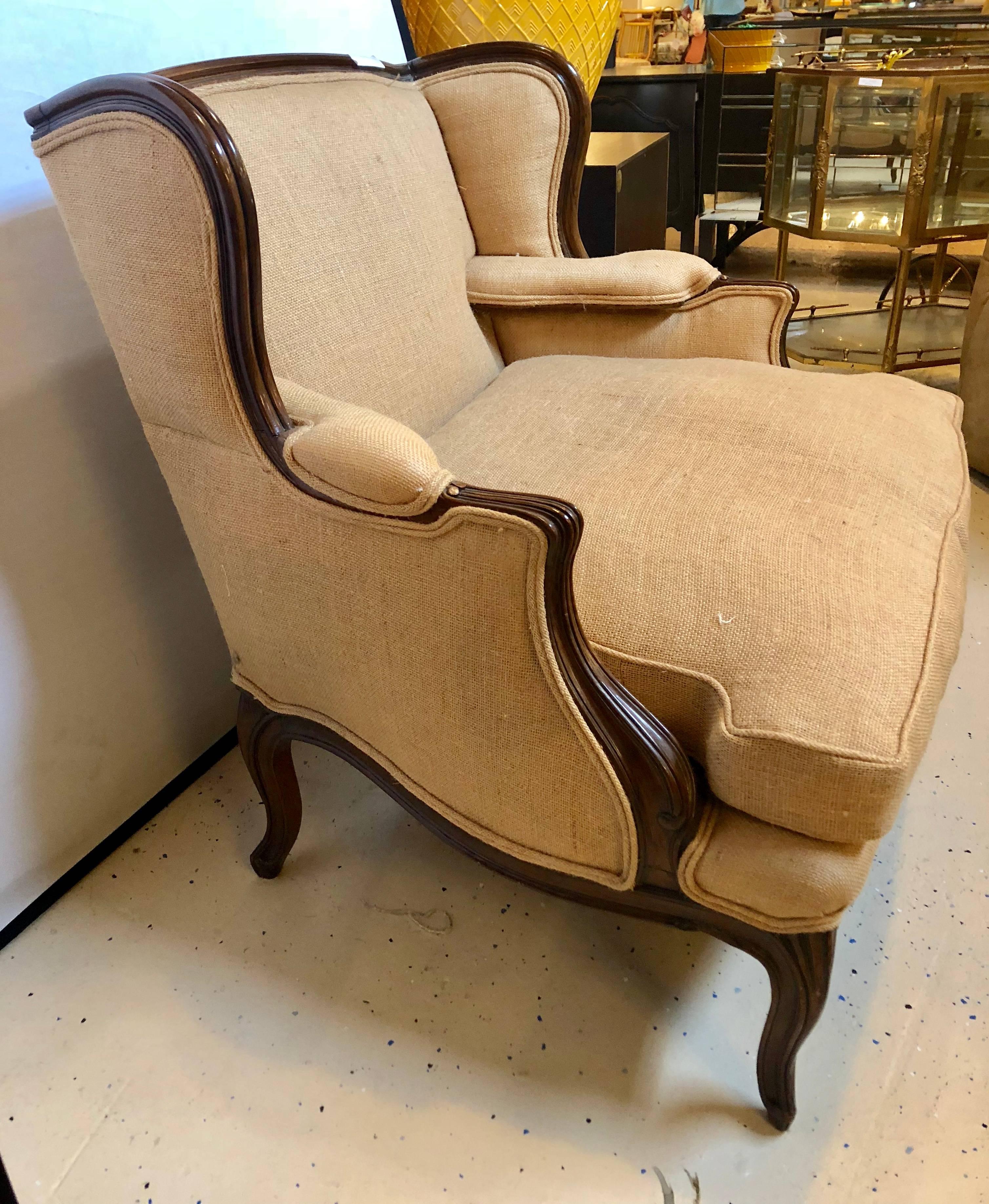 Oversized Wingback Marquis Chair Upholstered in Burlap Carved Wood Details 2