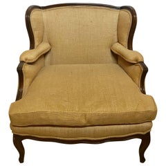 Oversized Wingback Marquis Chair Upholstered in Burlap Carved Wood Details