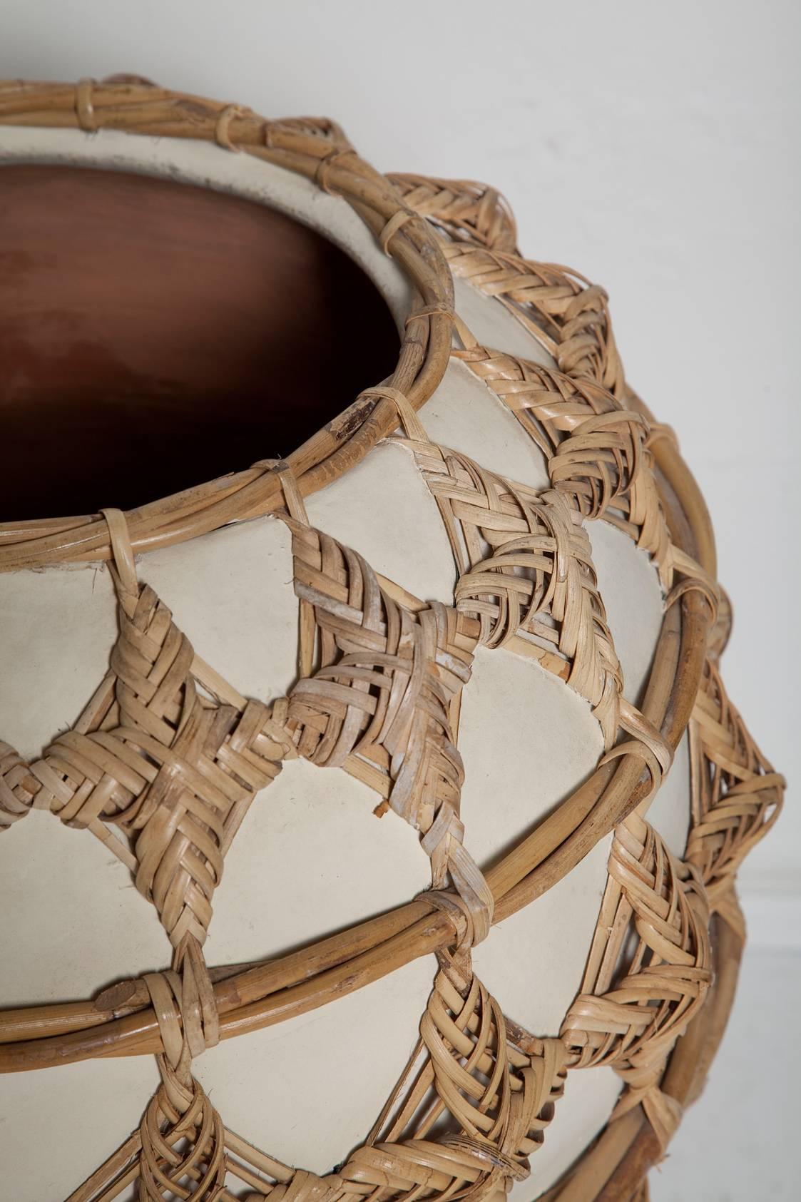American Oversized Woven Rattan Wrapped Ceramic Floor Vase