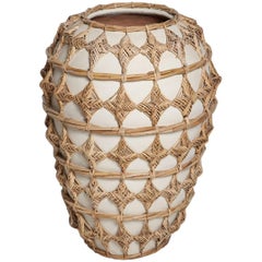 Oversized Woven Rattan Wrapped Ceramic Floor Vase